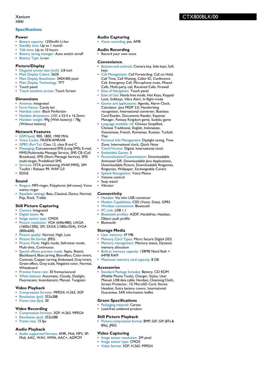 Philips Xenium CTX800BLK User Manual | Page 2 / 3