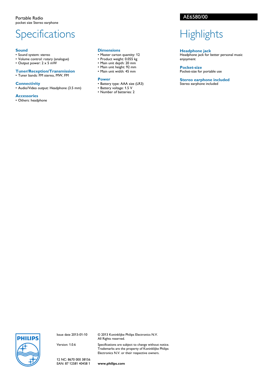 Specifications, Highlights | Philips AE6580 User Manual | Page 2 / 2