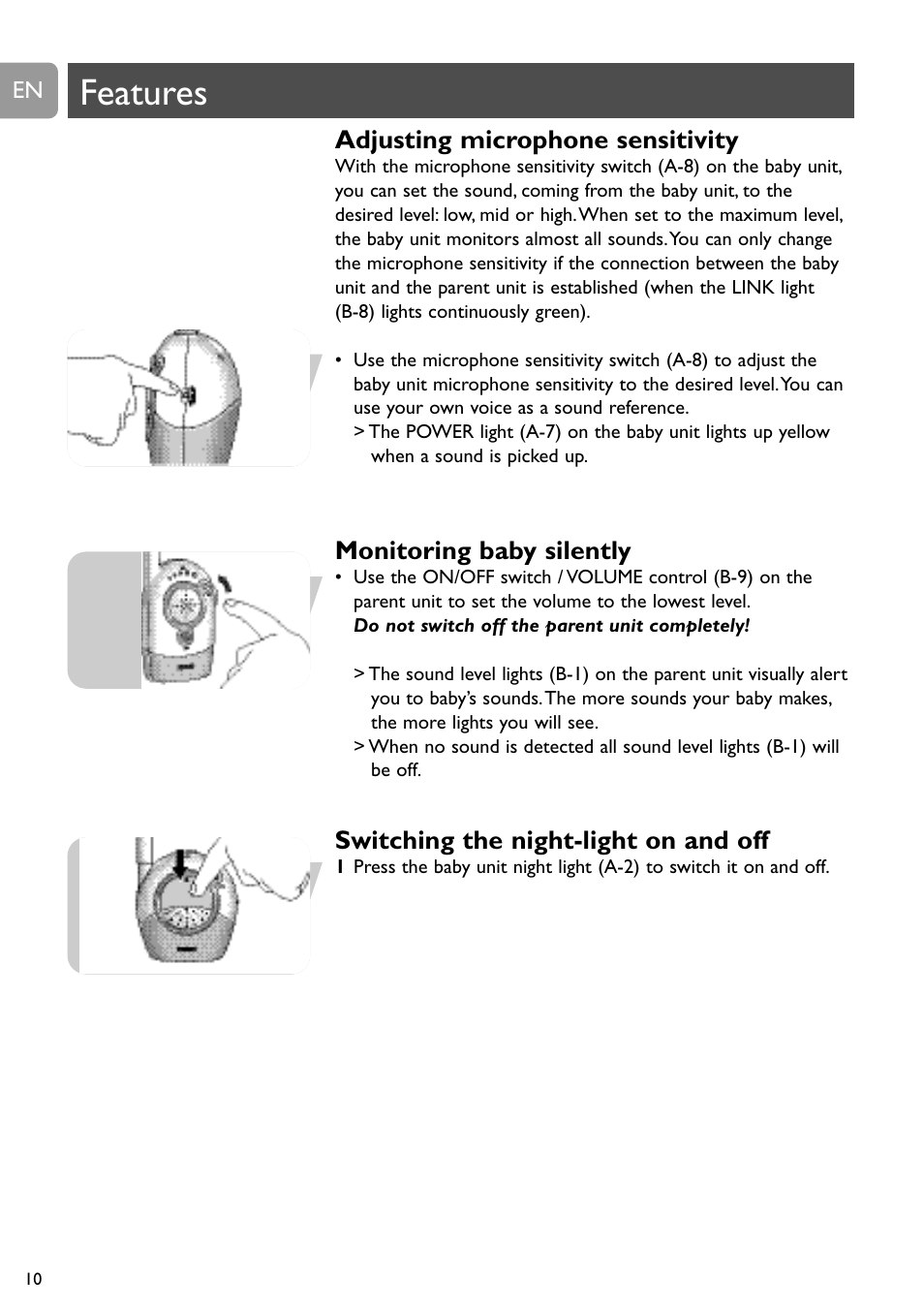 Features, Adjusting microphone sensitivity, Monitoring baby silently | Switching the night-light on and off | Philips SC468 User Manual | Page 10 / 173