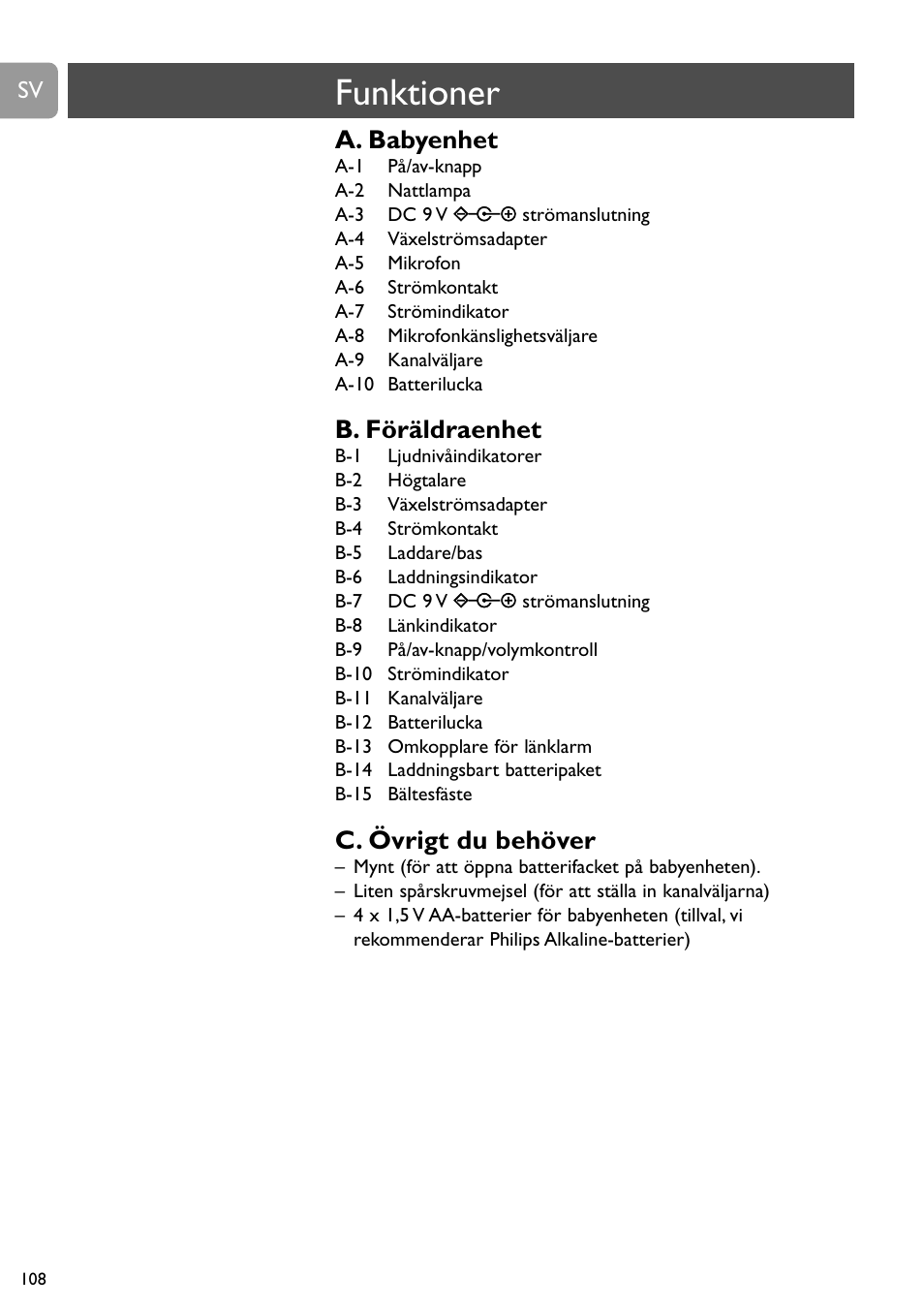 Funktioner, A. babyenhet, B. föräldraenhet | C. övrigt du behöver | Philips SC468 User Manual | Page 108 / 173