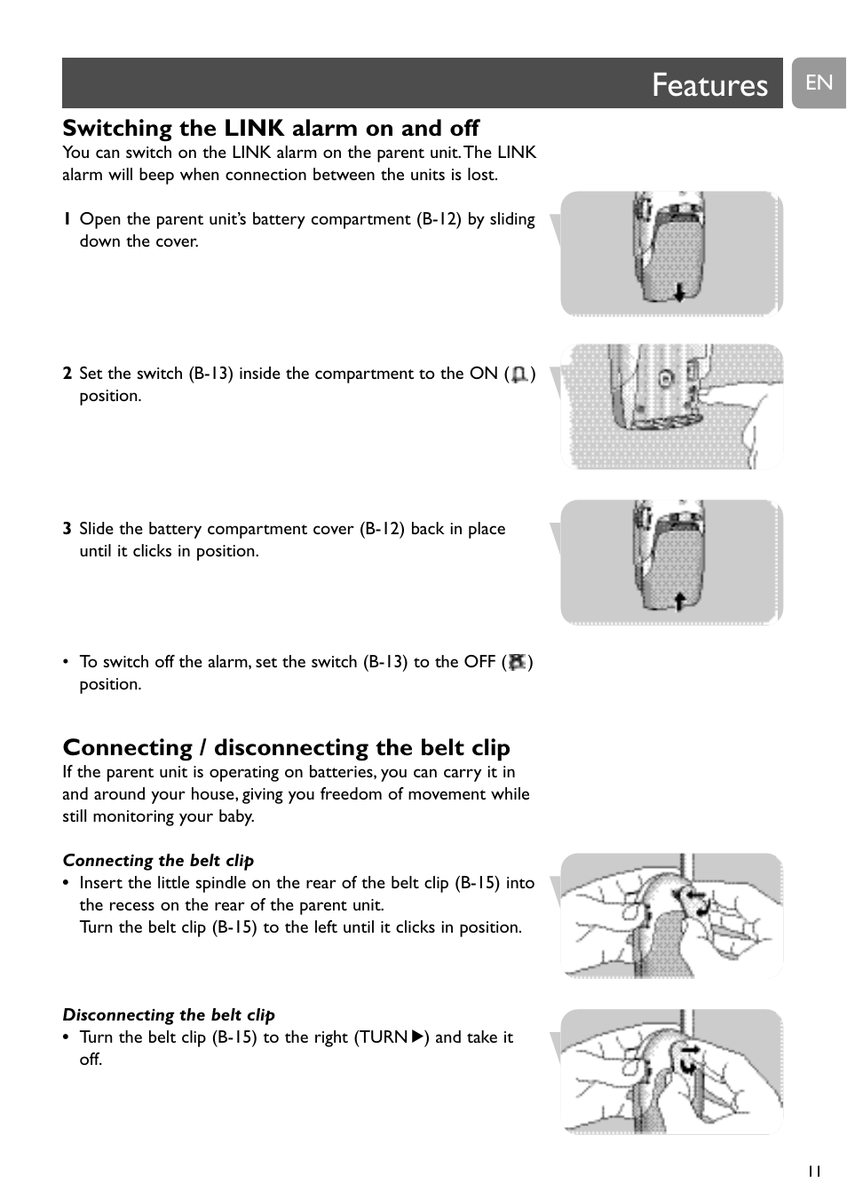 Features, Switching the link alarm on and off, Connecting / disconnecting the belt clip | Philips SC468 User Manual | Page 11 / 173