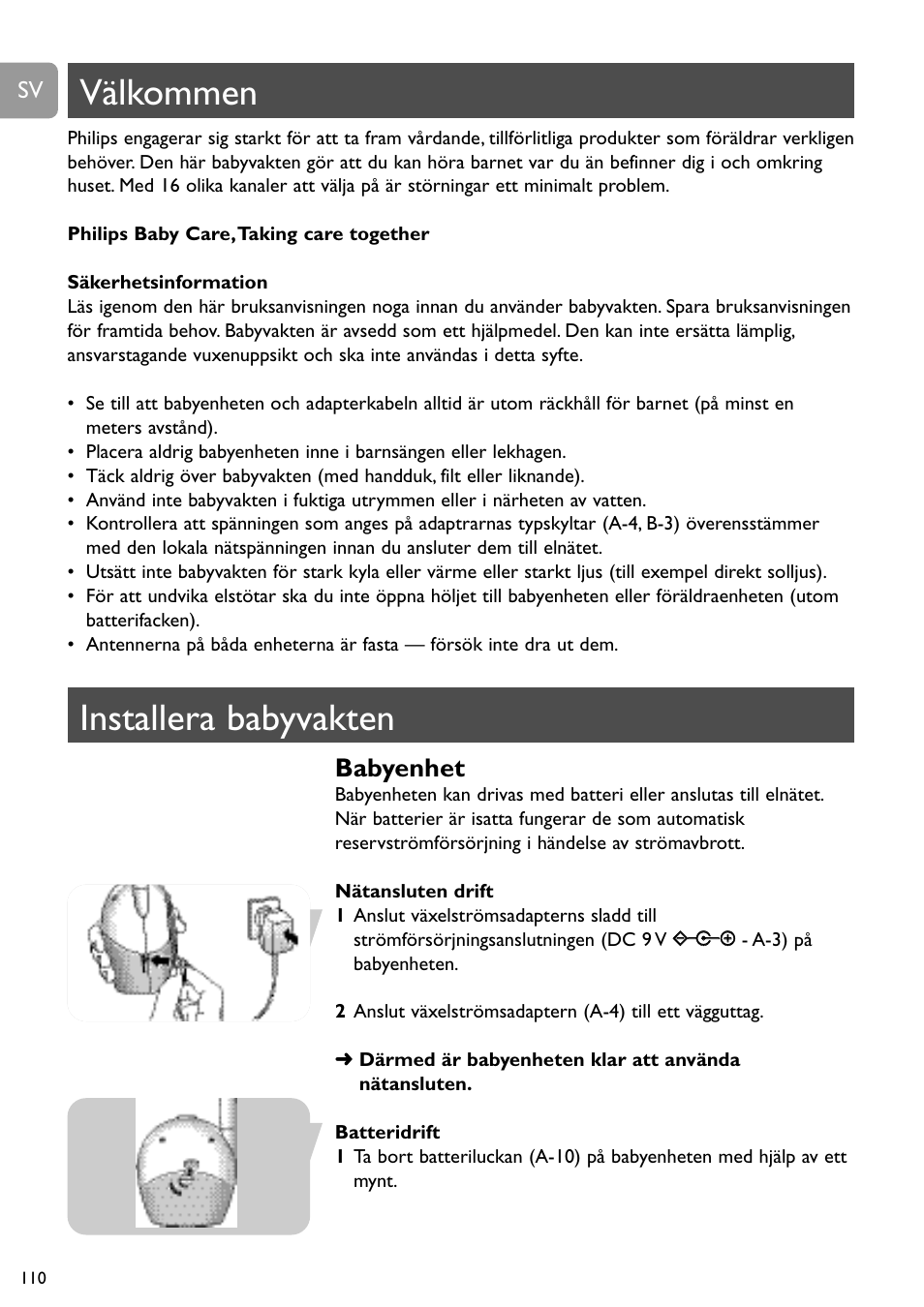 Välkommen, Installera babyvakten, Babyenhet | Philips SC468 User Manual | Page 110 / 173