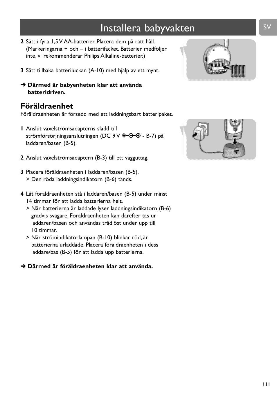 Installera babyvakten, Föräldraenhet | Philips SC468 User Manual | Page 111 / 173