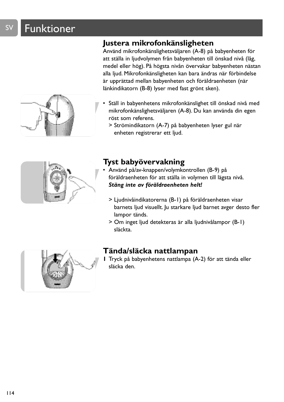 Funktioner, Justera mikrofonkänsligheten, Tyst babyövervakning | Tända/släcka nattlampan | Philips SC468 User Manual | Page 114 / 173