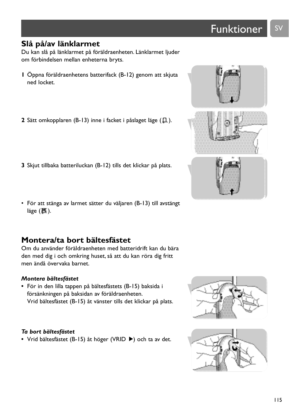 Funktioner, Slå på/av länklarmet, Montera/ta bort bältesfästet | Philips SC468 User Manual | Page 115 / 173