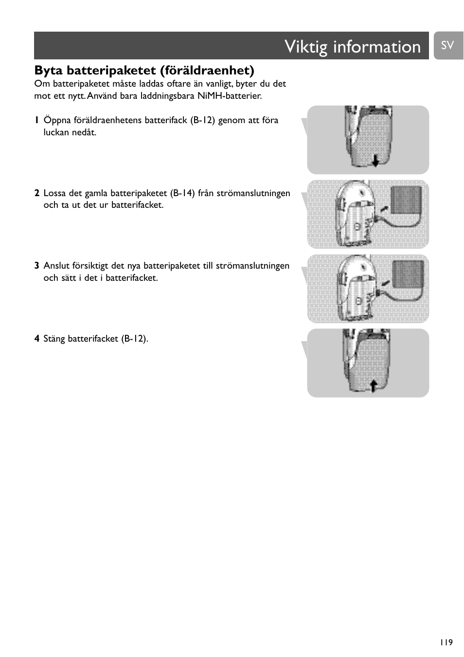 Viktig information, Byta batteripaketet (föräldraenhet) | Philips SC468 User Manual | Page 119 / 173