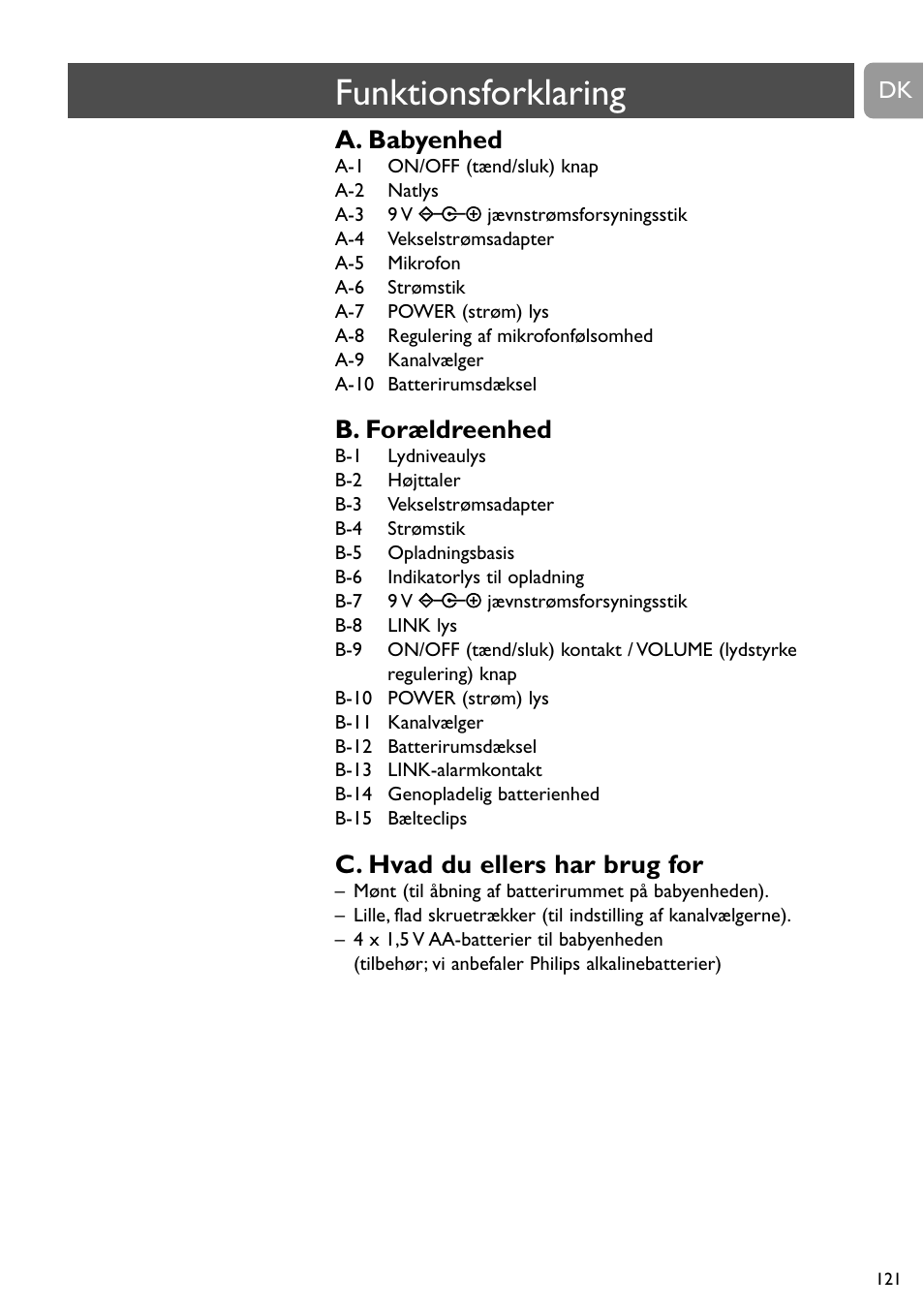 Funktionsforklaring, A. babyenhed, B. forældreenhed | C. hvad du ellers har brug for | Philips SC468 User Manual | Page 121 / 173