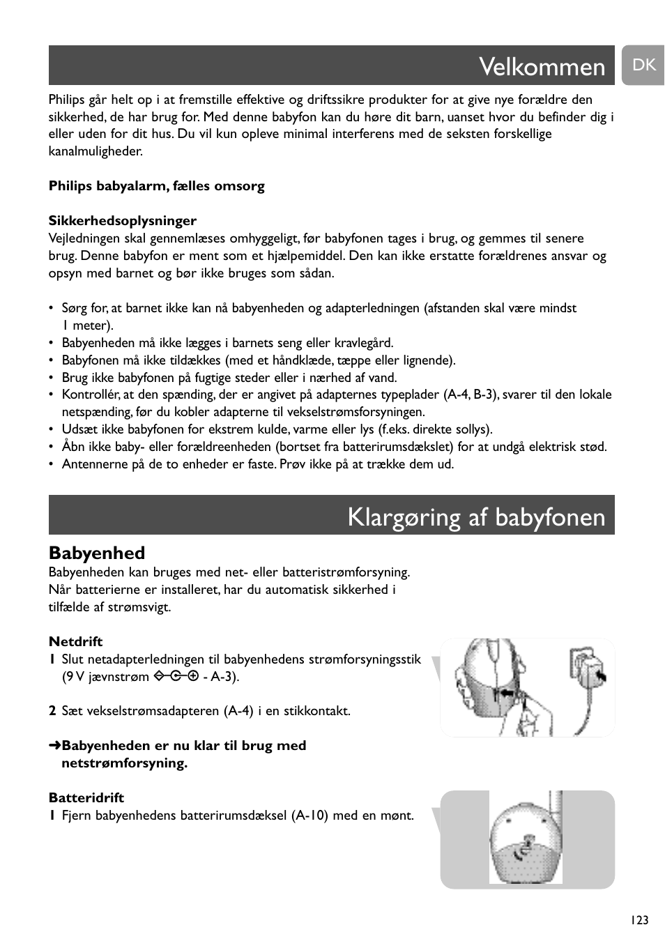 Velkommen klargøring af babyfonen, Babyenhed | Philips SC468 User Manual | Page 123 / 173