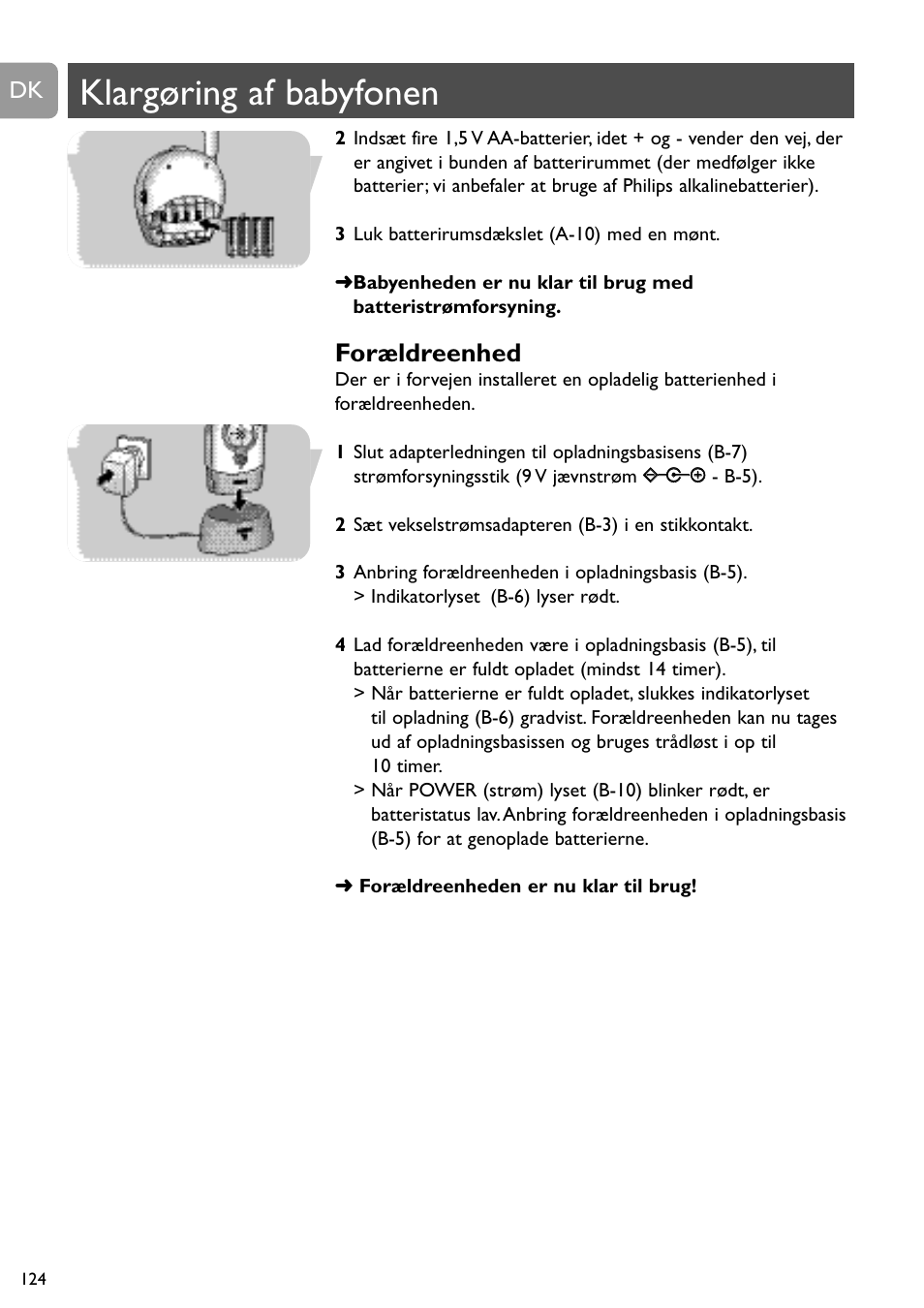 Klargøring af babyfonen, Forældreenhed | Philips SC468 User Manual | Page 124 / 173