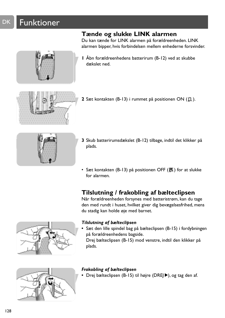 Funktioner, Tænde og slukke link alarmen, Tilslutning / frakobling af bælteclipsen | Philips SC468 User Manual | Page 128 / 173