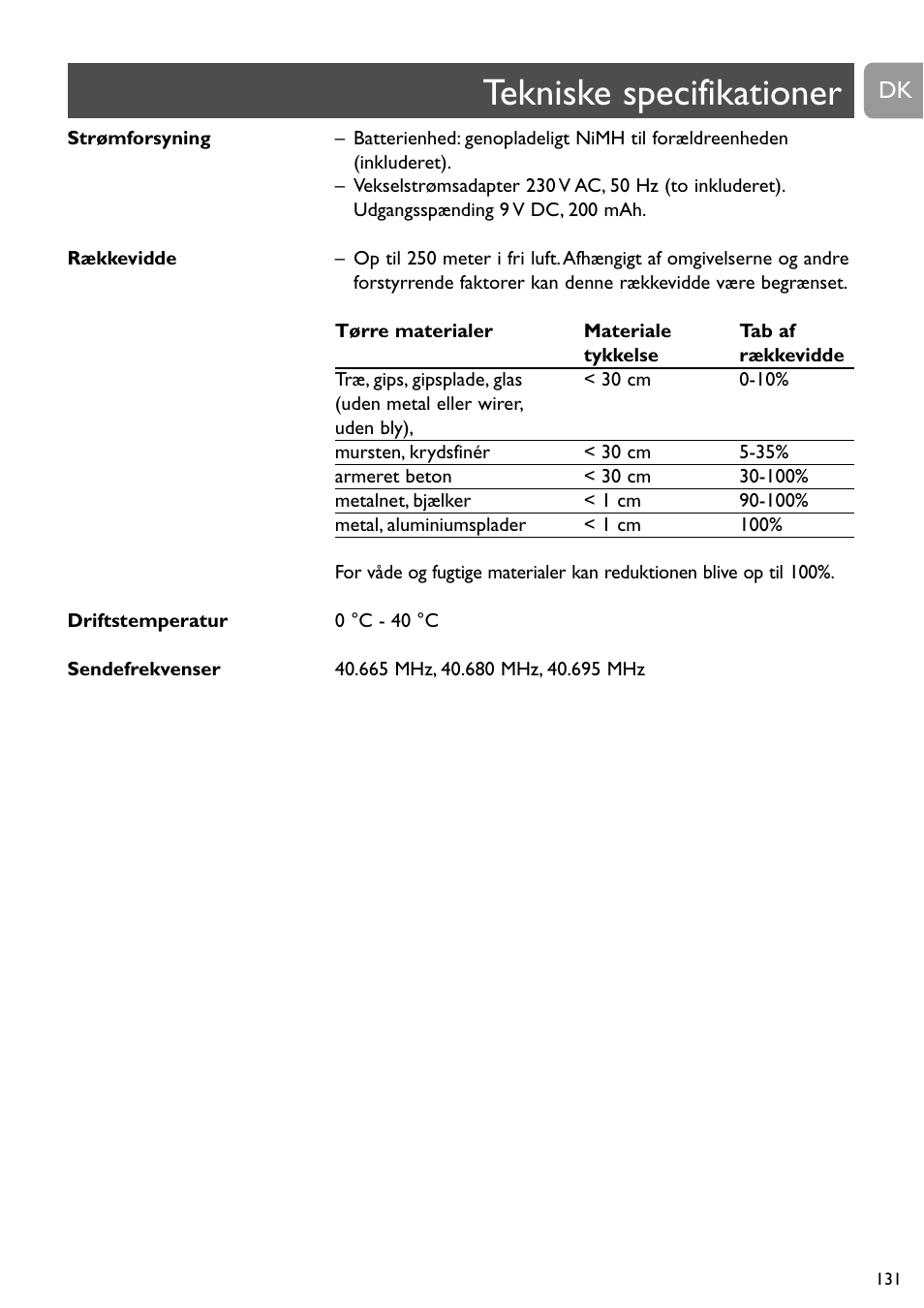 Tekniske specifikationer | Philips SC468 User Manual | Page 131 / 173