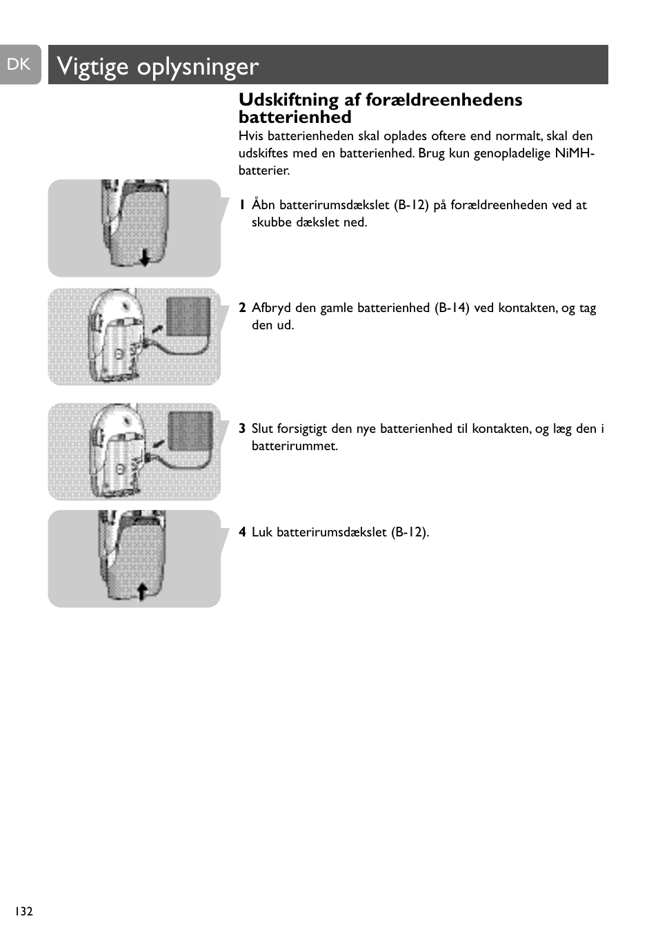 Vigtige oplysninger, Udskiftning af forældreenhedens batterienhed | Philips SC468 User Manual | Page 132 / 173