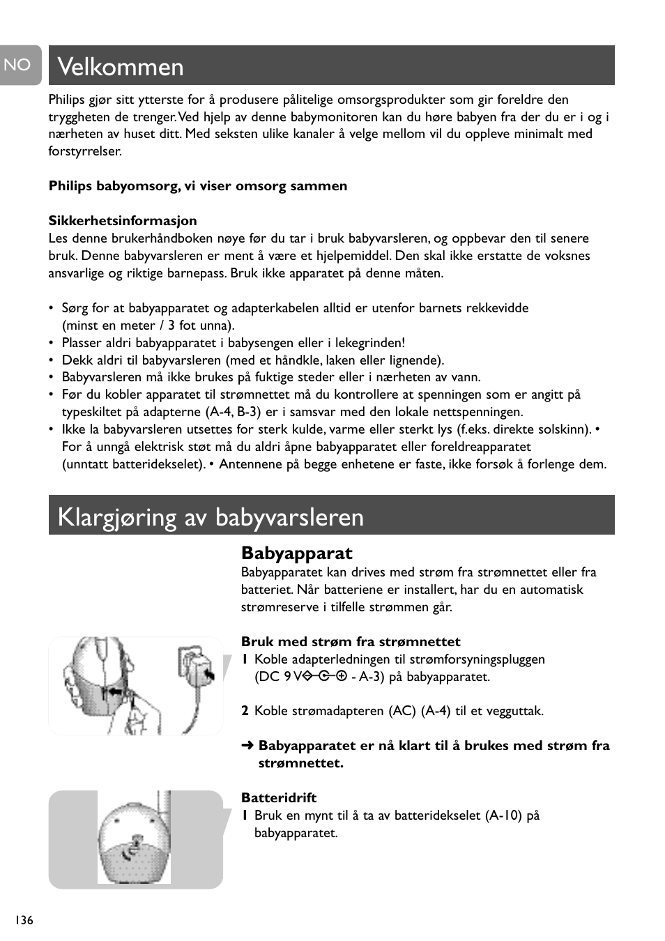 Velkommen, Klargjøring av babyvarsleren, Babyapparat | Philips SC468 User Manual | Page 136 / 173