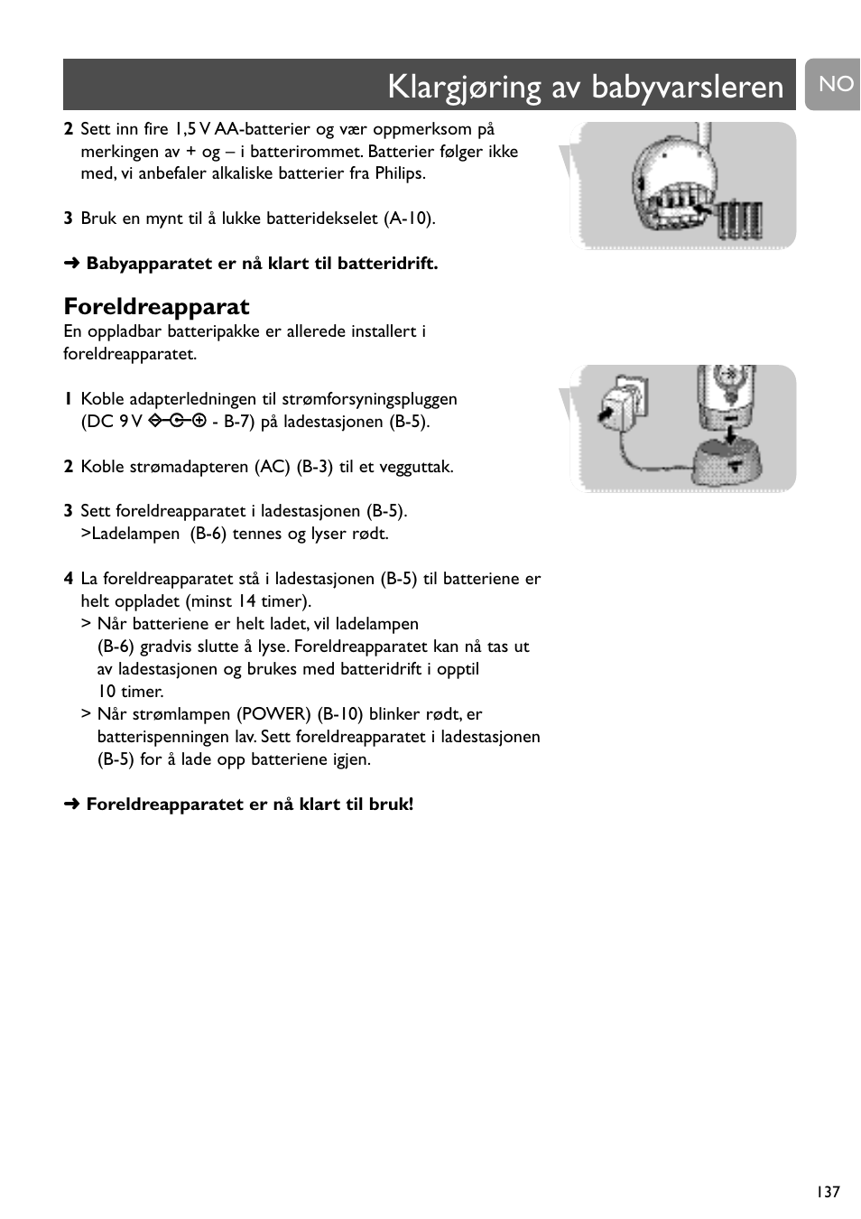 Klargjøring av babyvarsleren, Foreldreapparat | Philips SC468 User Manual | Page 137 / 173