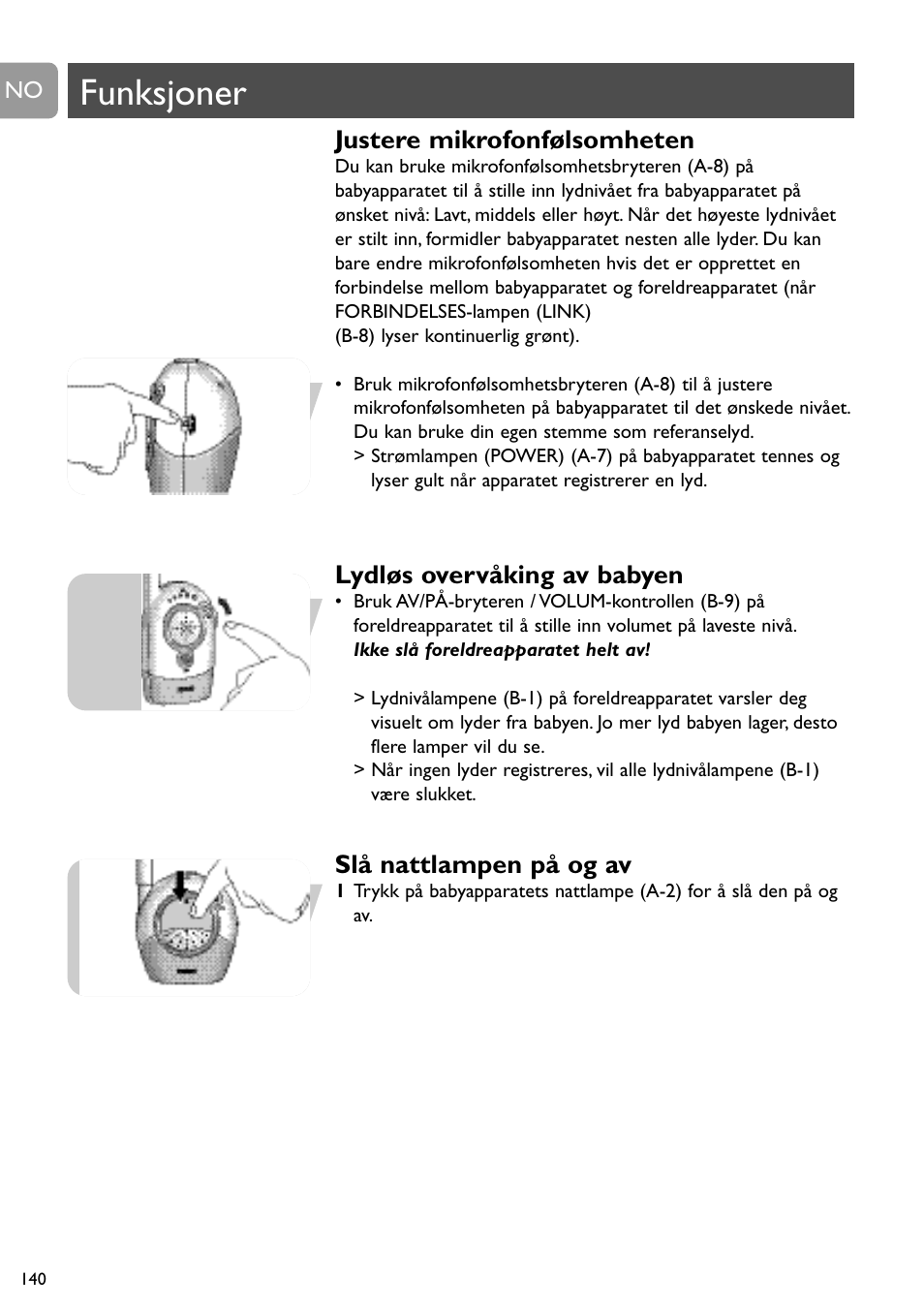 Funksjoner, Justere mikrofonfølsomheten, Lydløs overvåking av babyen | Slå nattlampen på og av | Philips SC468 User Manual | Page 140 / 173