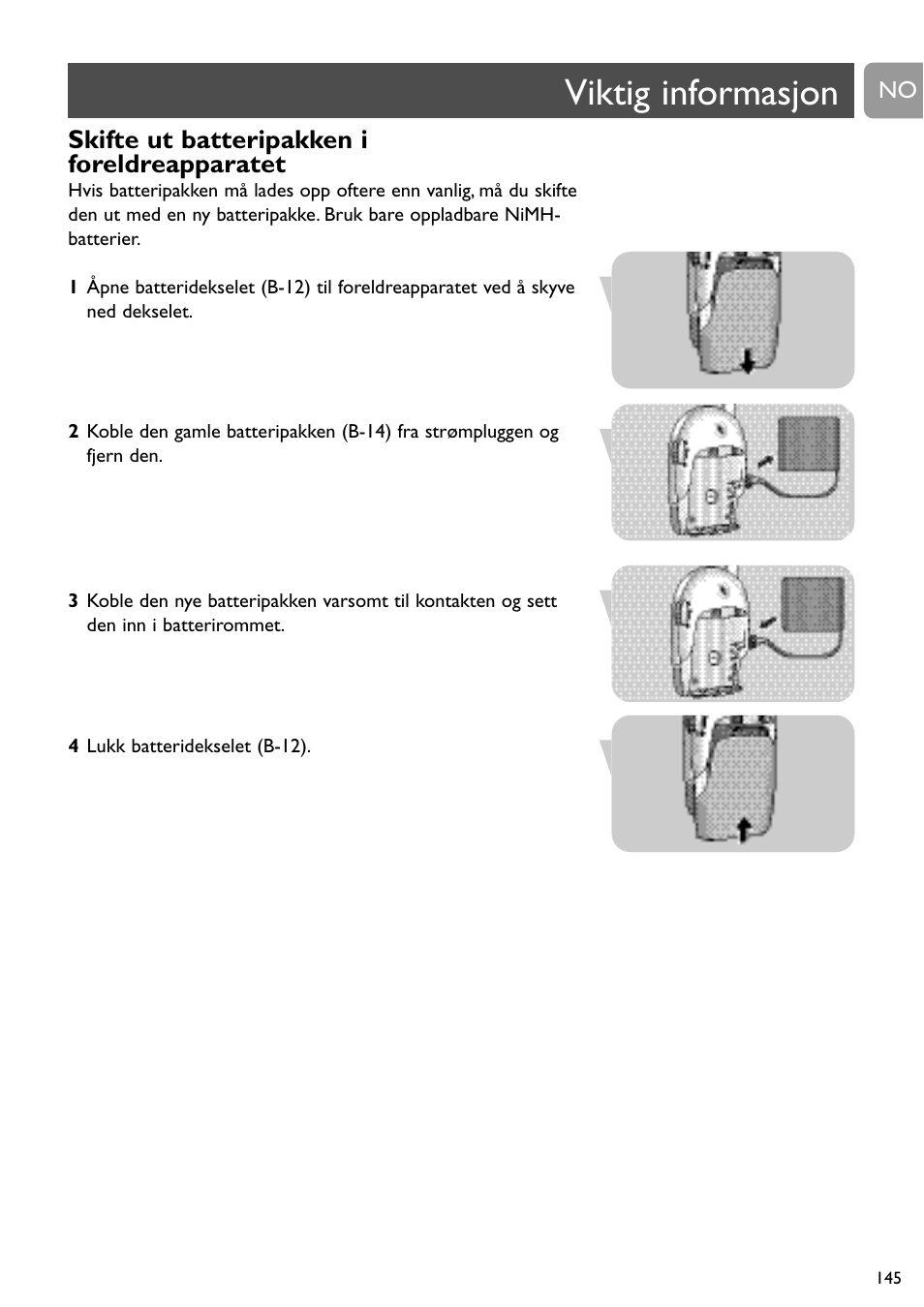 Viktig informasjon, Skifte ut batteripakken i foreldreapparatet | Philips SC468 User Manual | Page 145 / 173