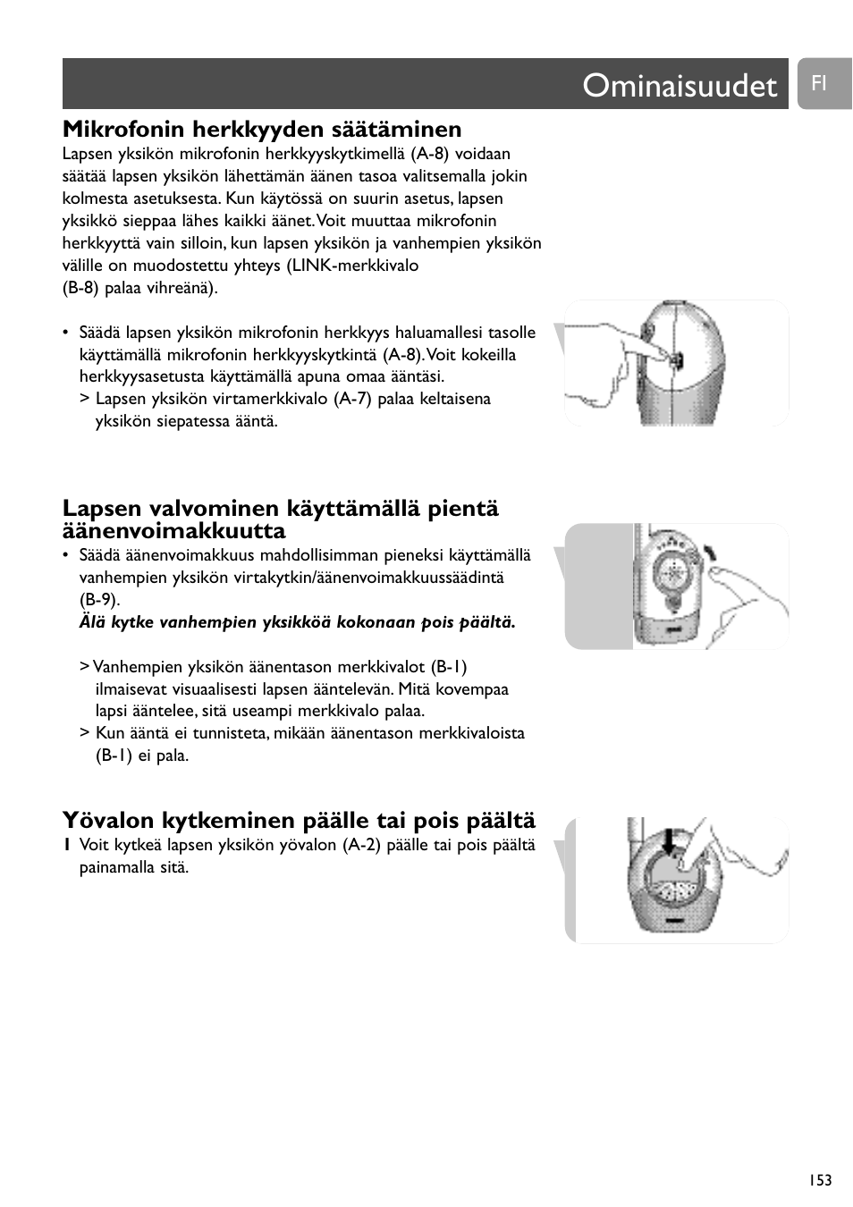 Ominaisuudet, Mikrofonin herkkyyden säätäminen, Yövalon kytkeminen päälle tai pois päältä | Philips SC468 User Manual | Page 153 / 173