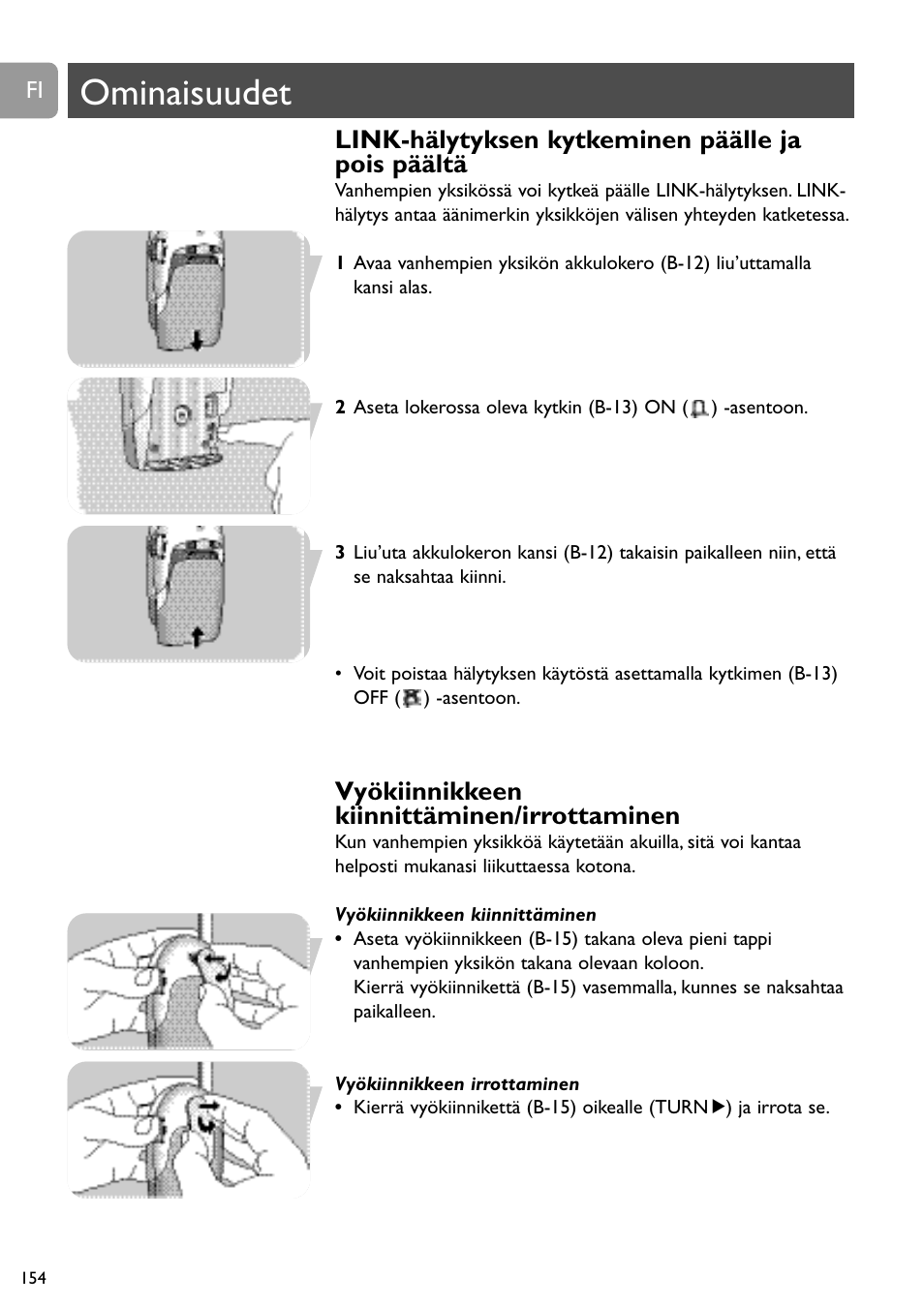 Ominaisuudet, Link-hälytyksen kytkeminen päälle ja pois päältä, Vyökiinnikkeen kiinnittäminen/irrottaminen | Philips SC468 User Manual | Page 154 / 173