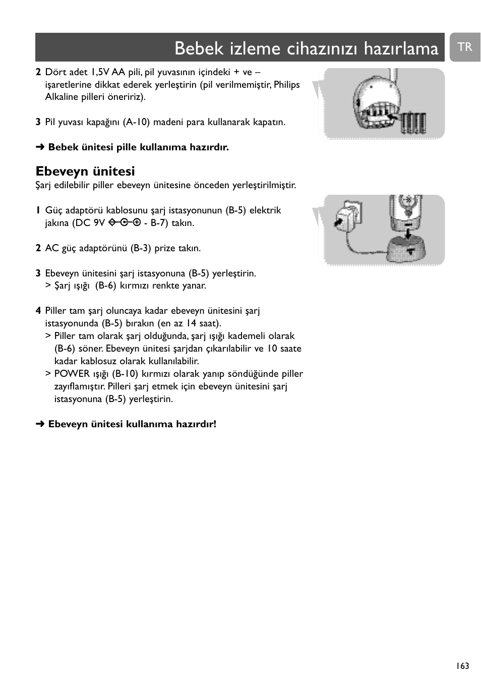 Bebek izleme cihazınızı hazırlama, Ebeveyn ünitesi | Philips SC468 User Manual | Page 163 / 173