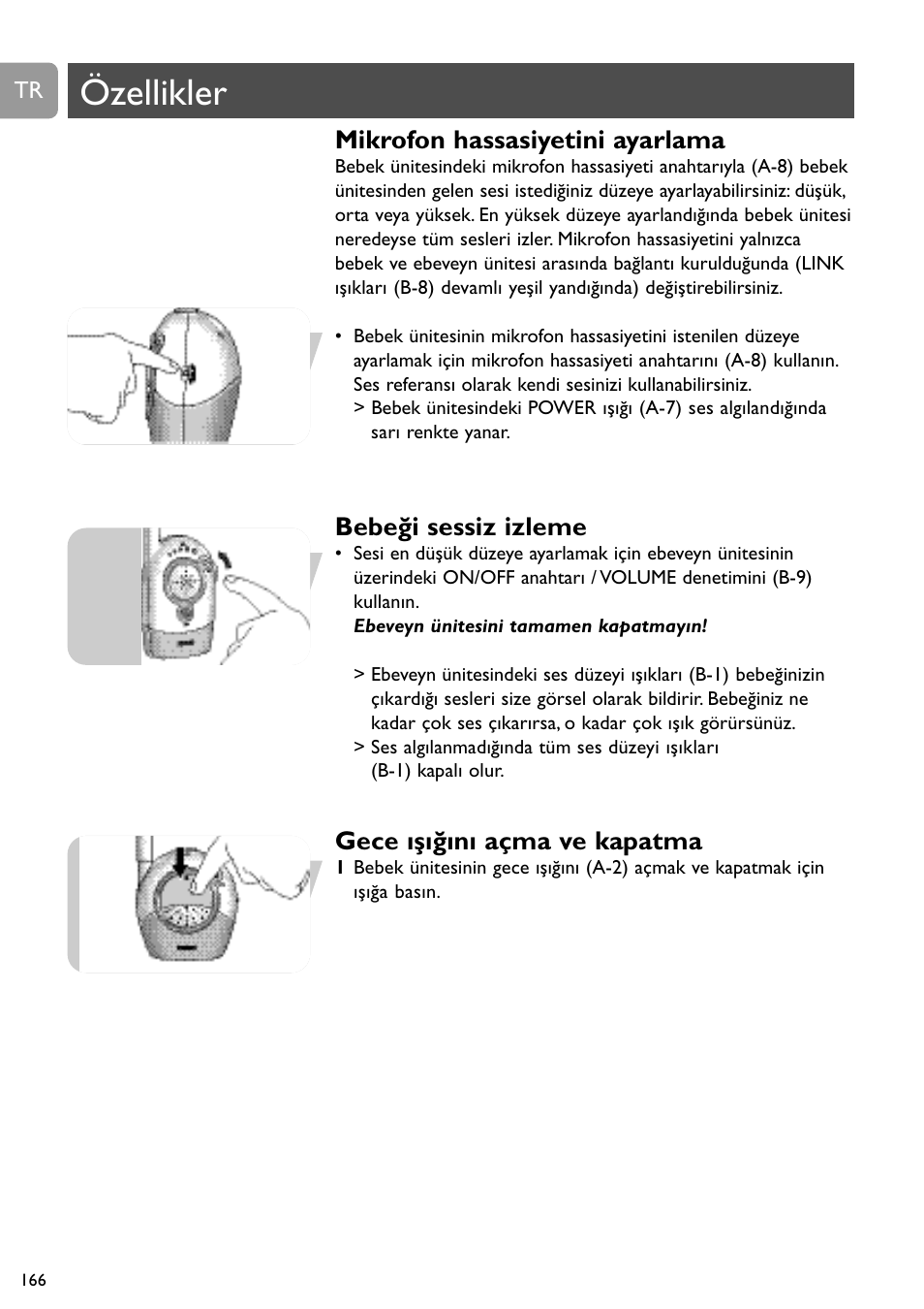 Özellikler, Mikrofon hassasiyetini ayarlama, Bebeği sessiz izleme | Gece ışığını açma ve kapatma | Philips SC468 User Manual | Page 166 / 173