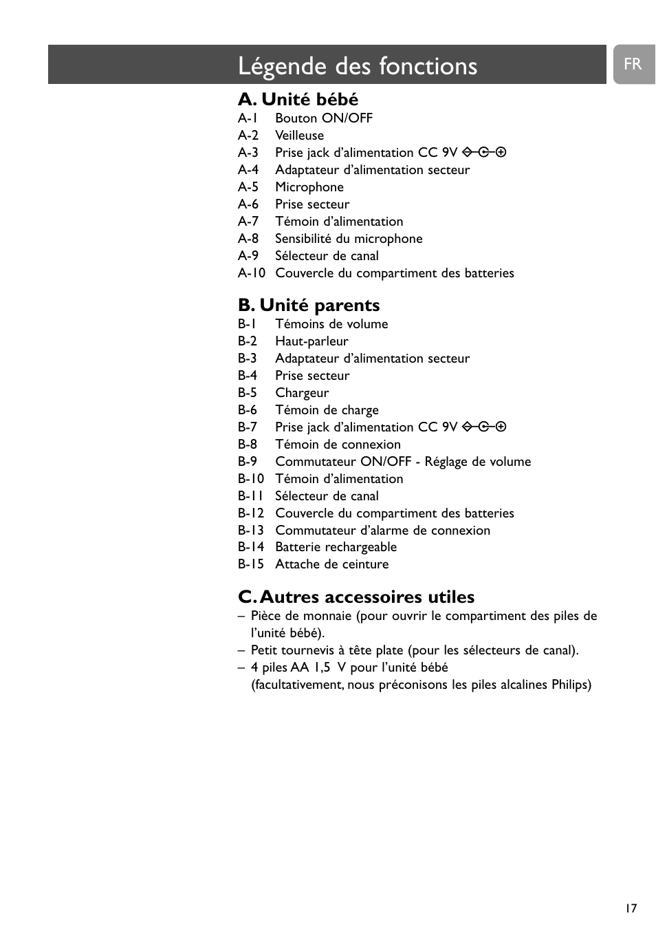 Légende des fonctions, A. unité bébé, B. unité parents | C. autres accessoires utiles | Philips SC468 User Manual | Page 17 / 173