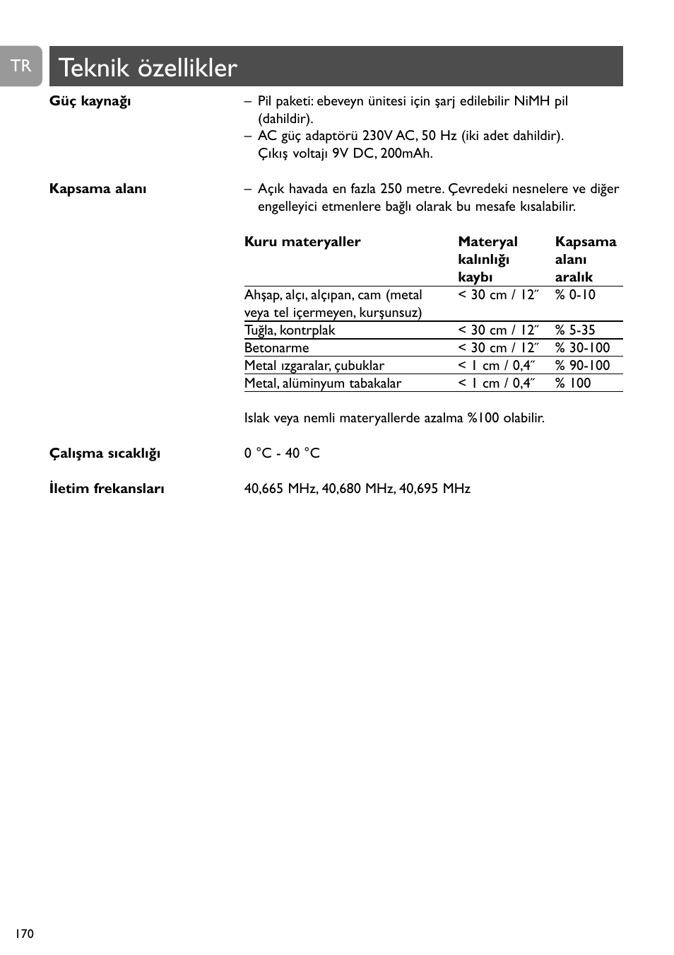 Teknik özellikler | Philips SC468 User Manual | Page 170 / 173