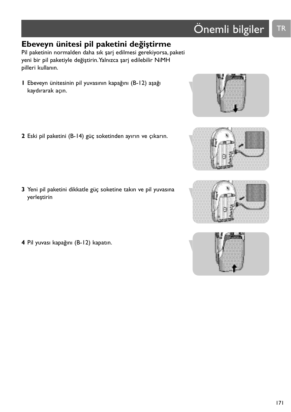 Önemli bilgiler, Ebeveyn ünitesi pil paketini değiştirme | Philips SC468 User Manual | Page 171 / 173