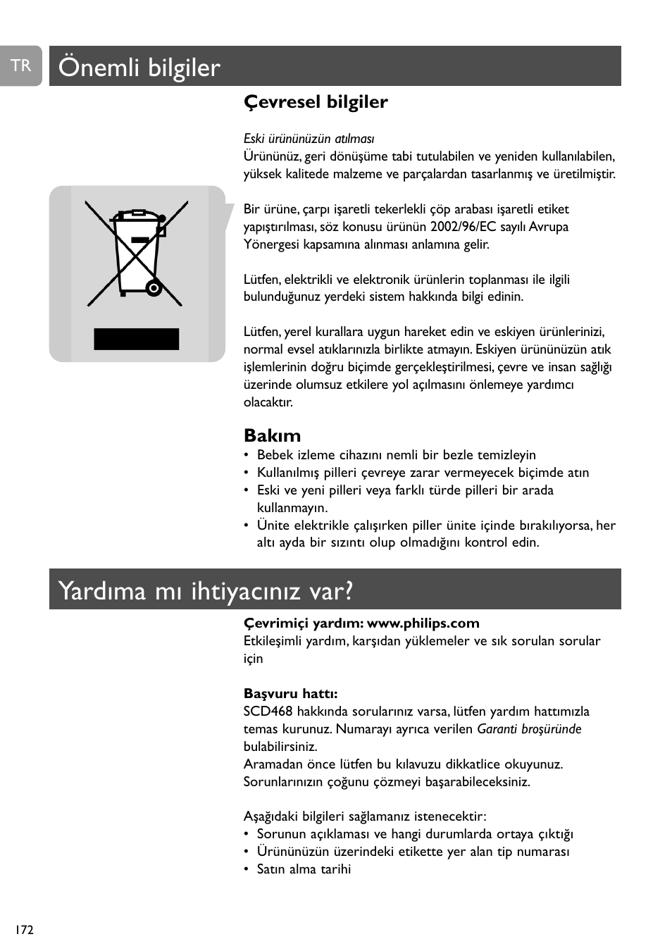 Önemli bilgiler, Yardıma mı ihtiyacınız var, Çevresel bilgiler | Bakım | Philips SC468 User Manual | Page 172 / 173