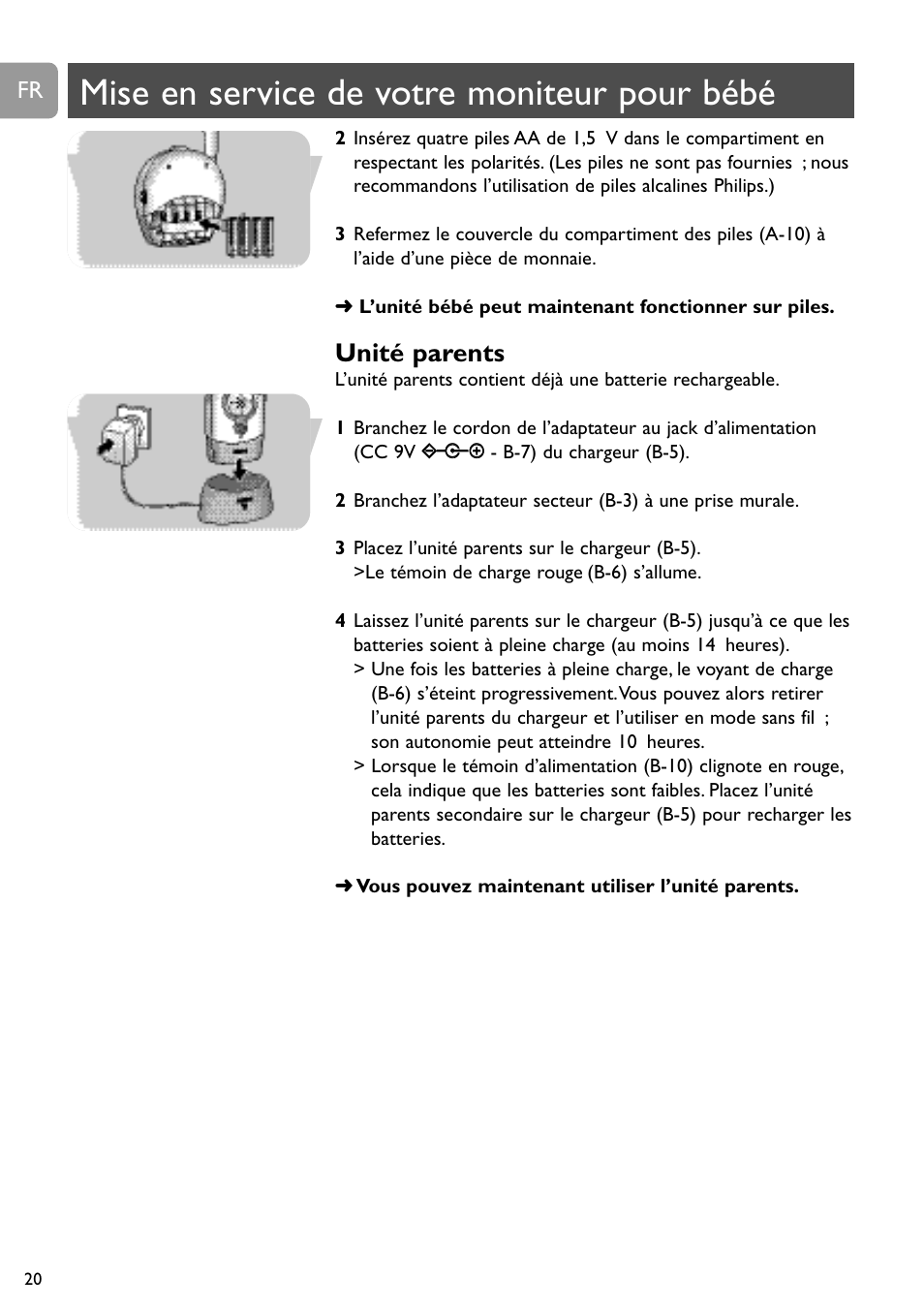 Mise en service de votre moniteur pour bébé, Unité parents | Philips SC468 User Manual | Page 20 / 173