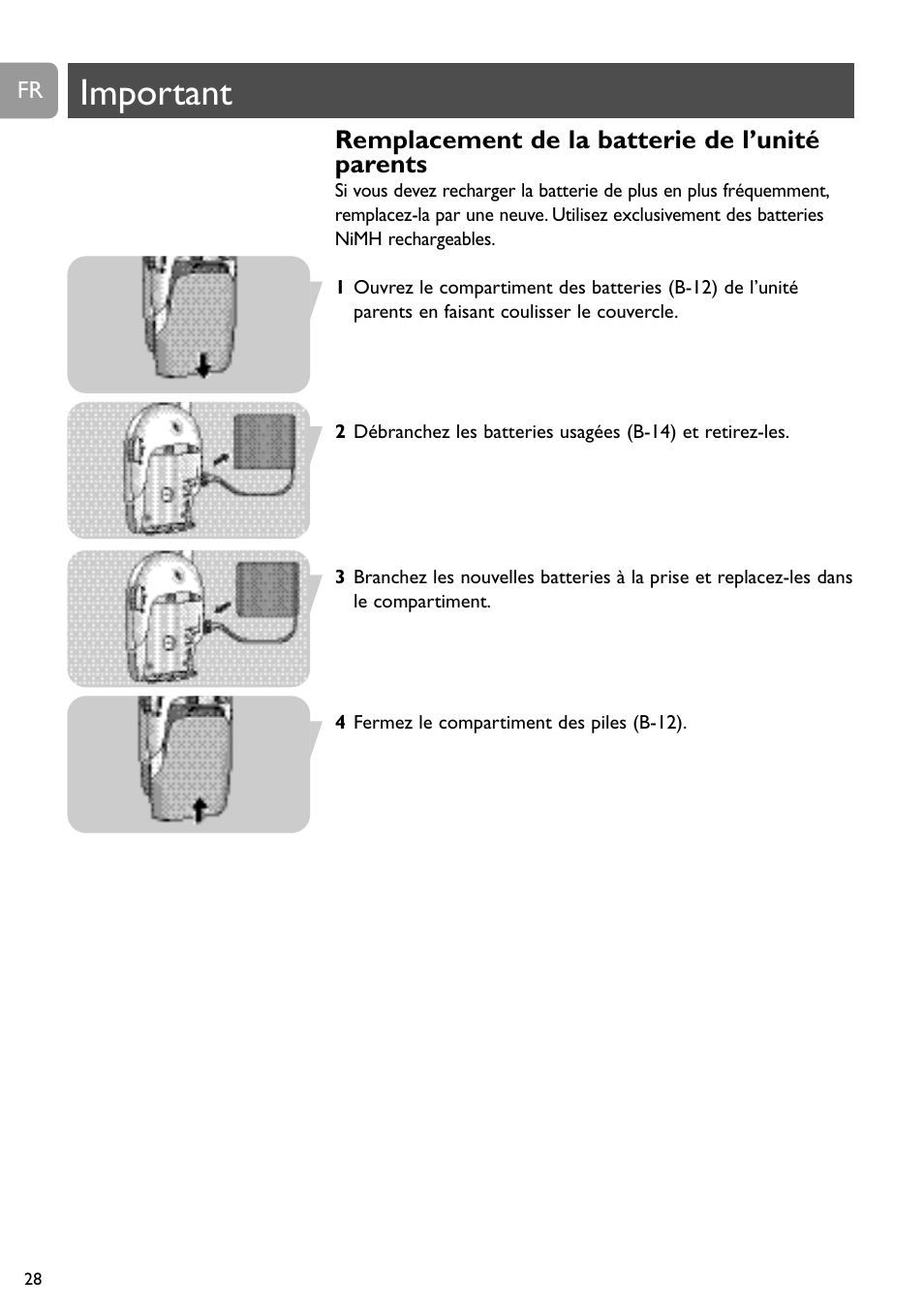 Important, Remplacement de la batterie de l’unité parents | Philips SC468 User Manual | Page 28 / 173