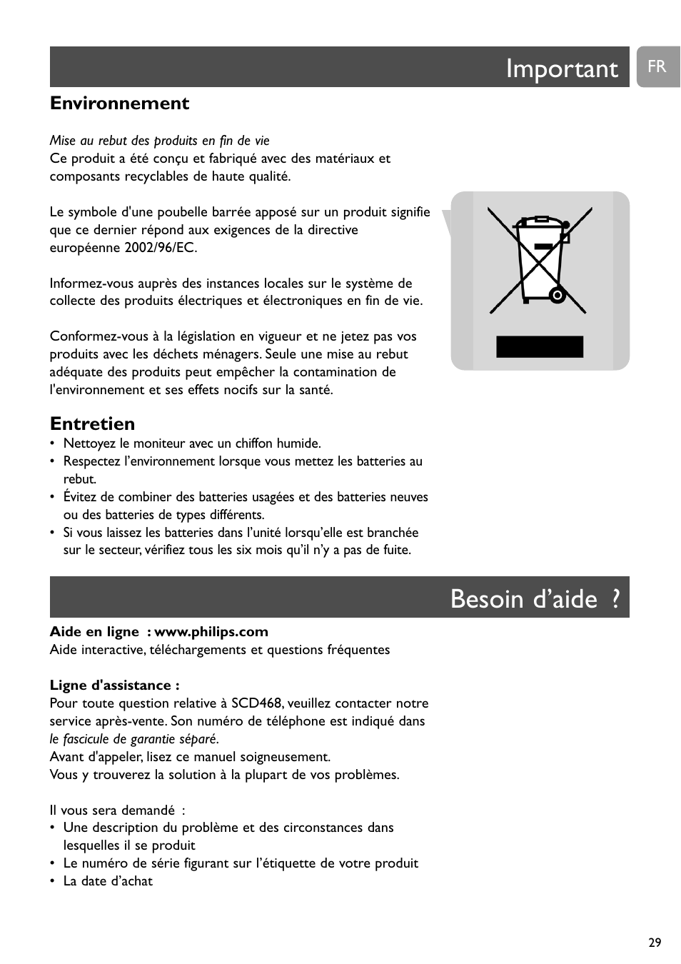 Important, Besoin d’aide, Environnement | Entretien | Philips SC468 User Manual | Page 29 / 173