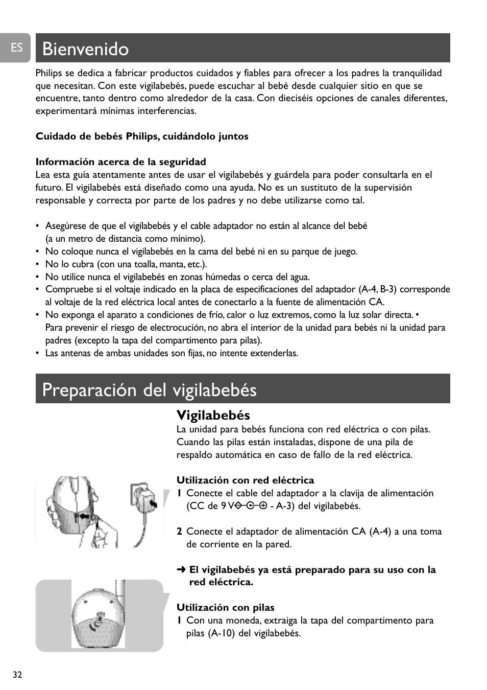 Bienvenido, Preparación del vigilabebés, Vigilabebés | Philips SC468 User Manual | Page 32 / 173