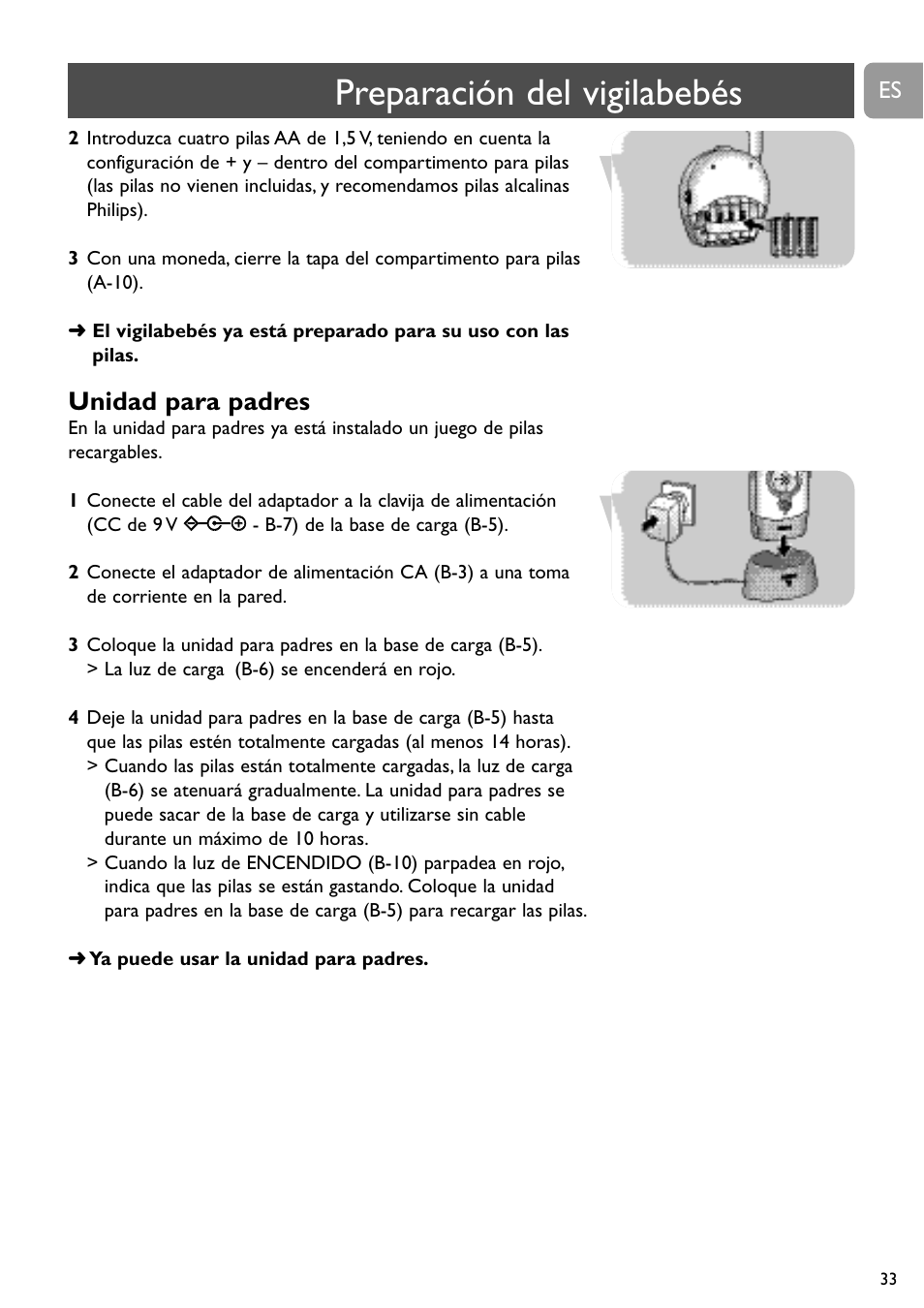 Preparación del vigilabebés, Unidad para padres | Philips SC468 User Manual | Page 33 / 173