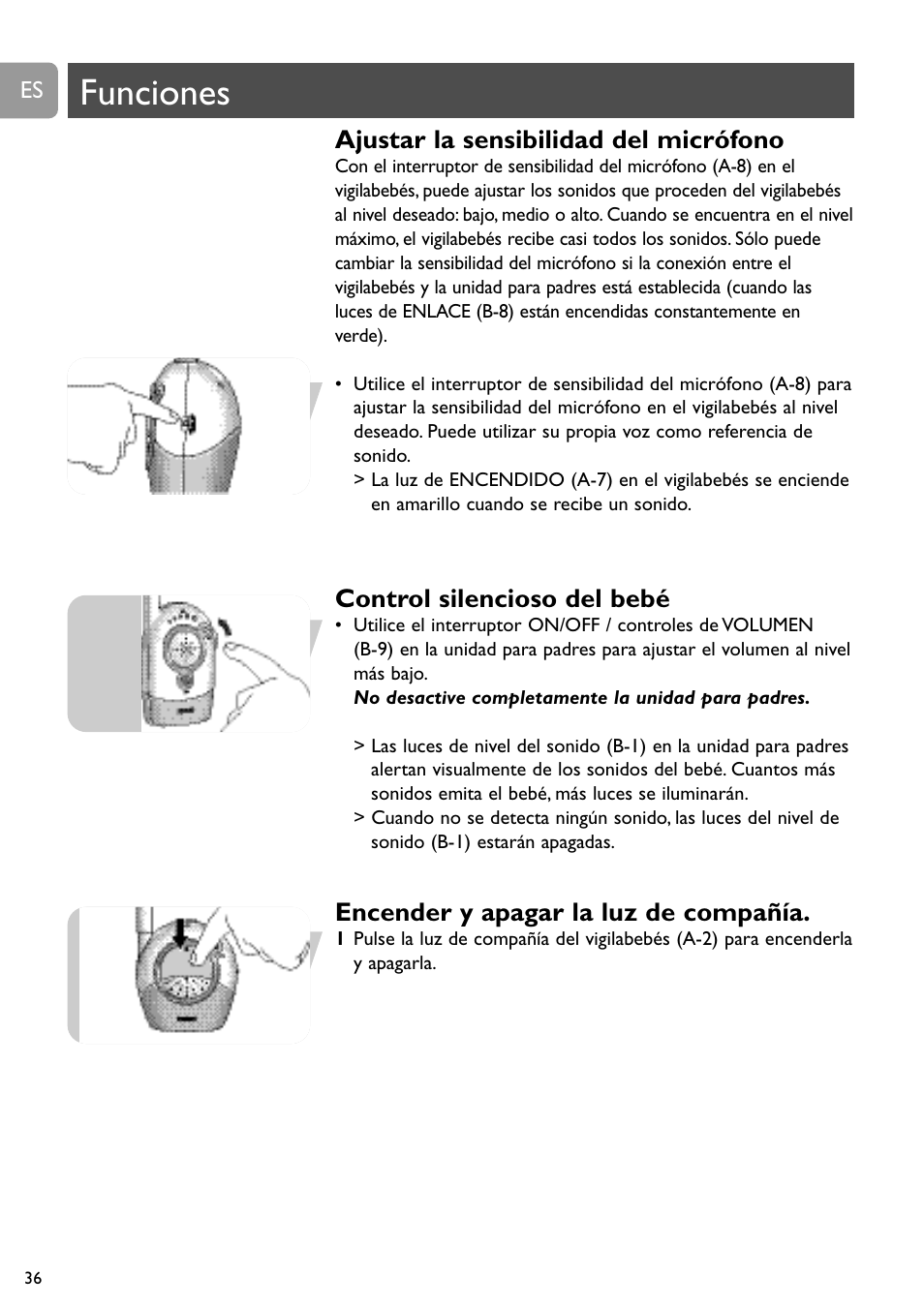 Funciones, Ajustar la sensibilidad del micrófono, Control silencioso del bebé | Encender y apagar la luz de compañía | Philips SC468 User Manual | Page 36 / 173