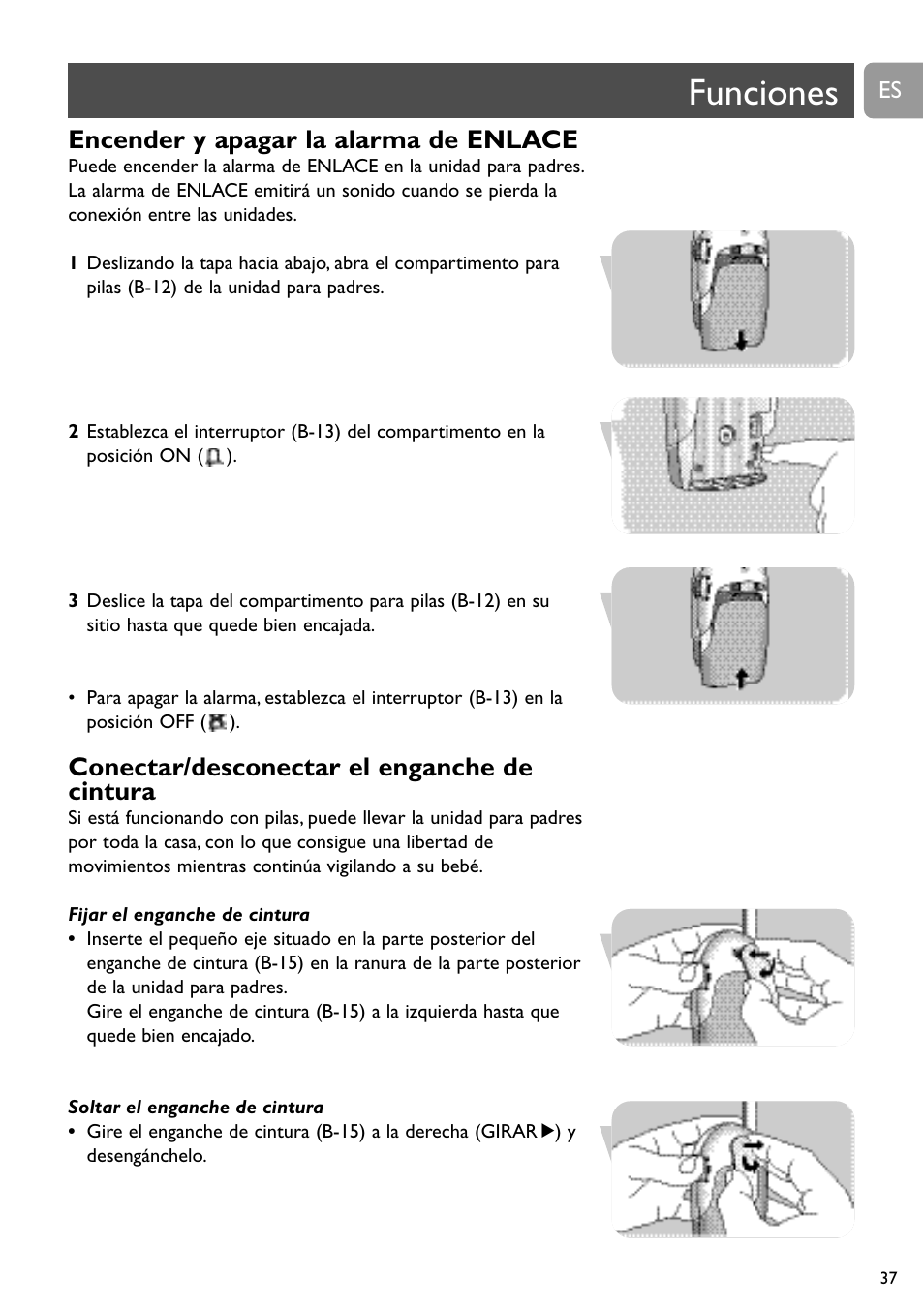 Funciones, Encender y apagar la alarma de enlace, Conectar/desconectar el enganche de cintura | Philips SC468 User Manual | Page 37 / 173