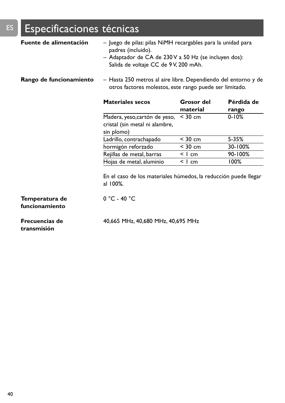 Especificaciones técnicas | Philips SC468 User Manual | Page 40 / 173