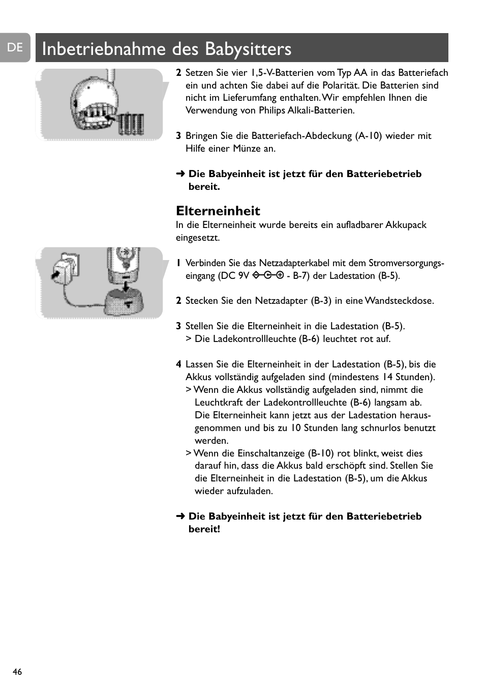 Inbetriebnahme des babysitters, Elterneinheit | Philips SC468 User Manual | Page 46 / 173