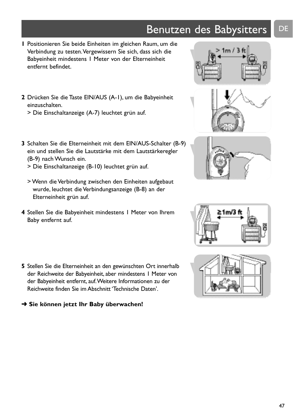 Benutzen des babysitters | Philips SC468 User Manual | Page 47 / 173