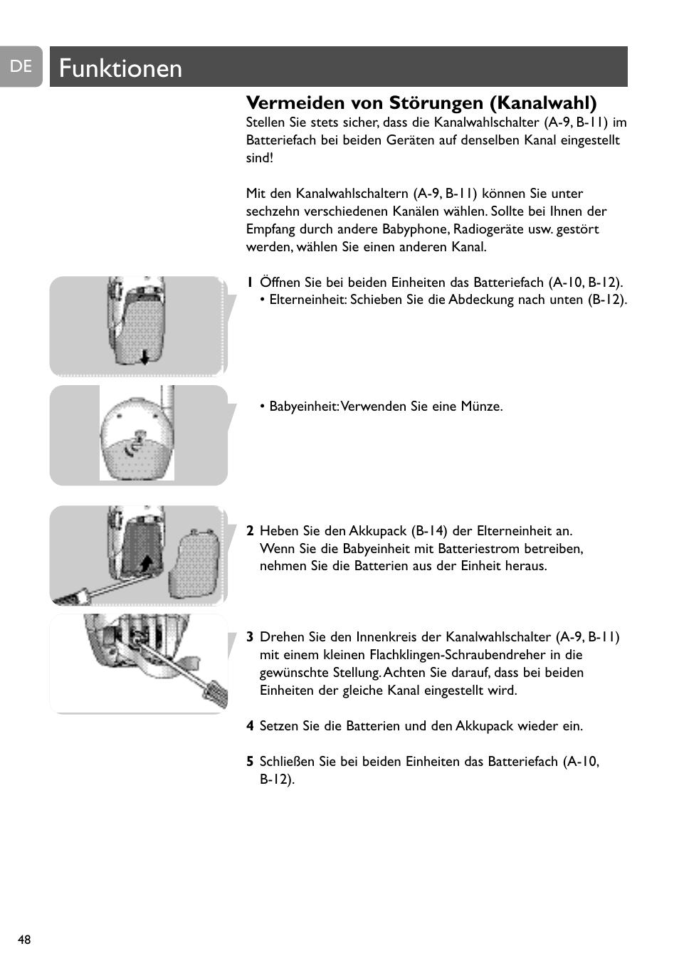 Funktionen, Vermeiden von störungen (kanalwahl) | Philips SC468 User Manual | Page 48 / 173