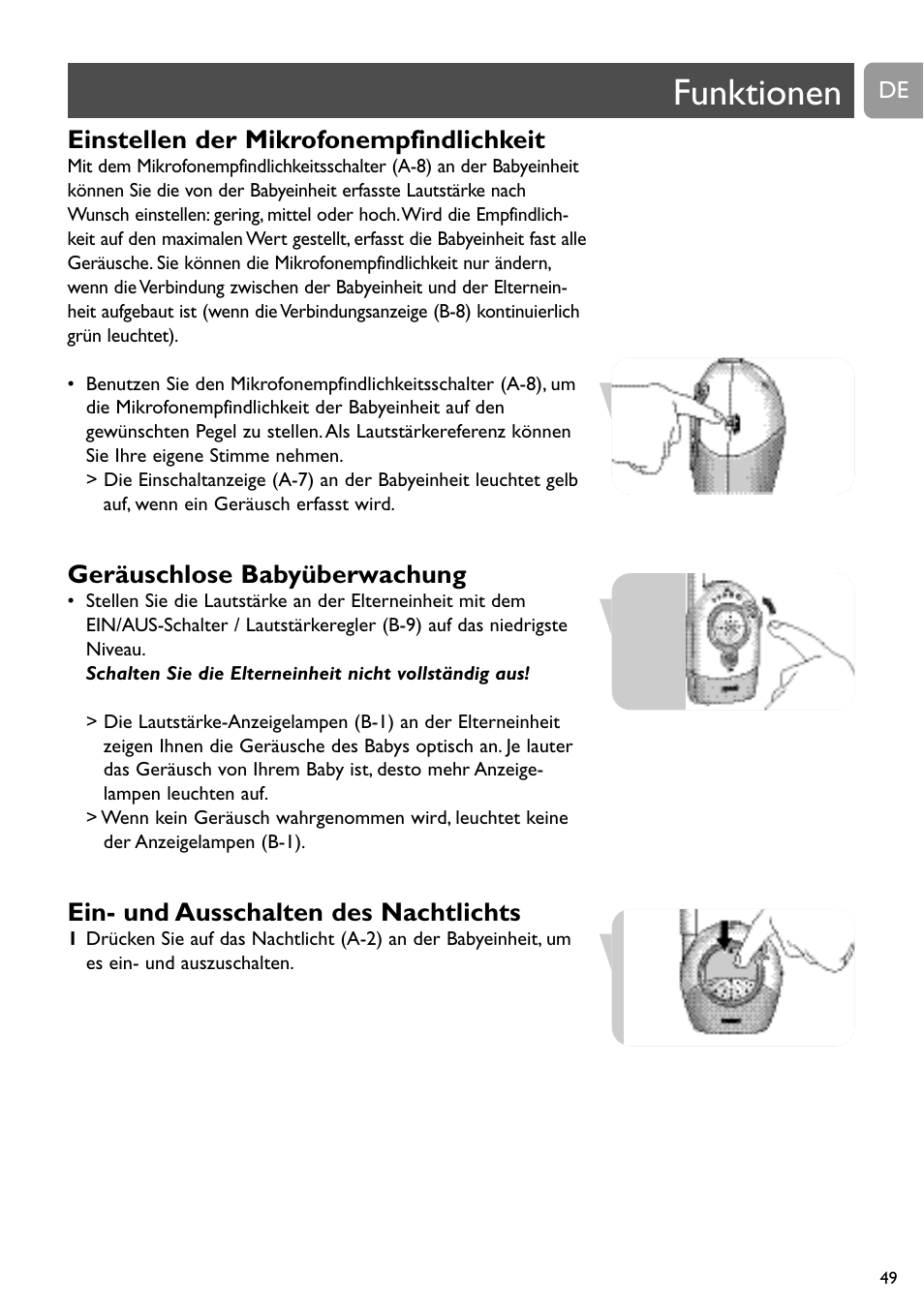 Funktionen, Einstellen der mikrofonempfindlichkeit, Geräuschlose babyüberwachung | Ein- und ausschalten des nachtlichts | Philips SC468 User Manual | Page 49 / 173