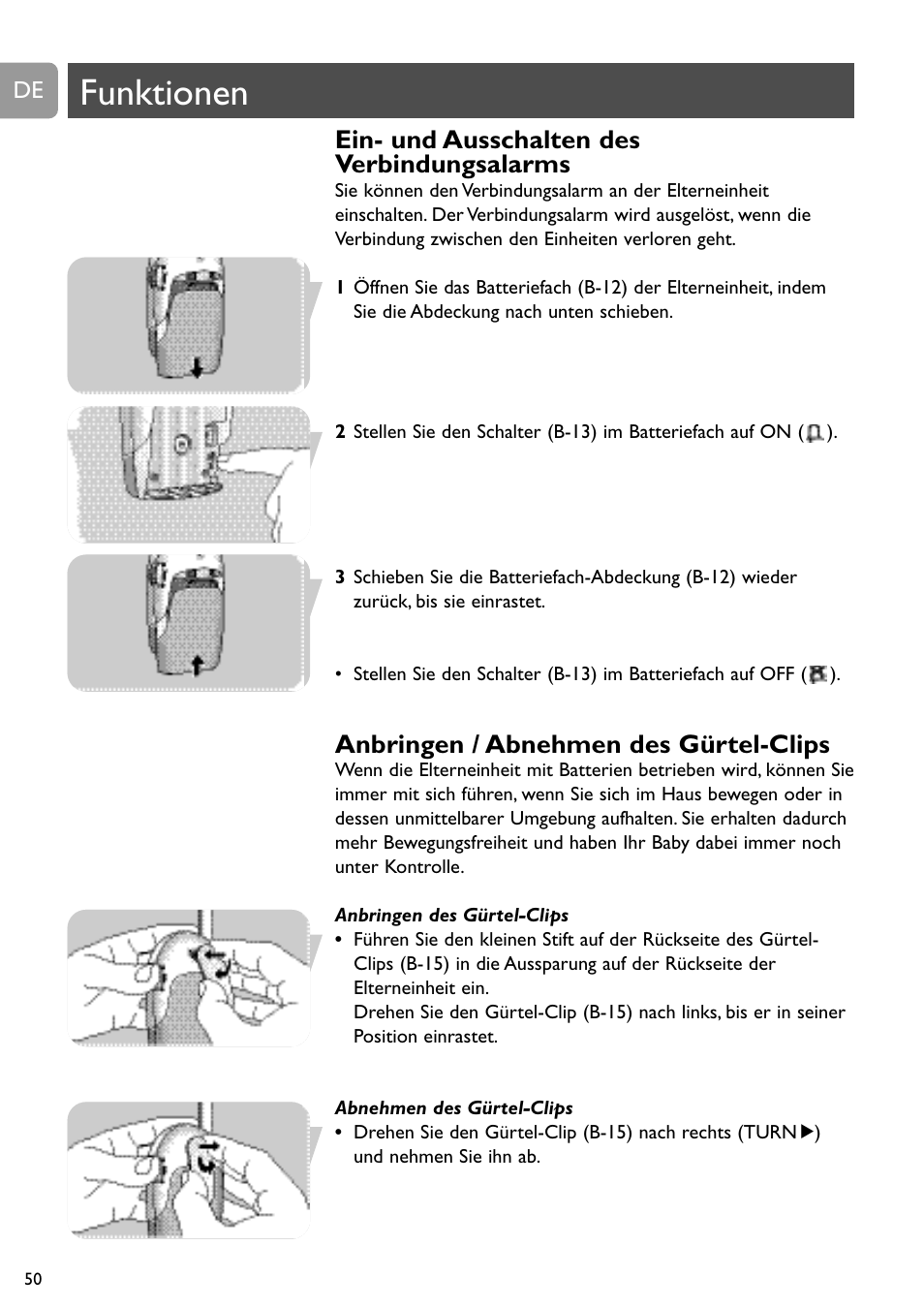 Funktionen, Ein- und ausschalten des verbindungsalarms, Anbringen / abnehmen des gürtel-clips | Philips SC468 User Manual | Page 50 / 173