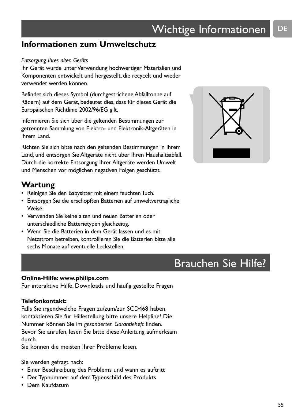 Wichtige informationen, Brauchen sie hilfe, Informationen zum umweltschutz | Wartung | Philips SC468 User Manual | Page 55 / 173