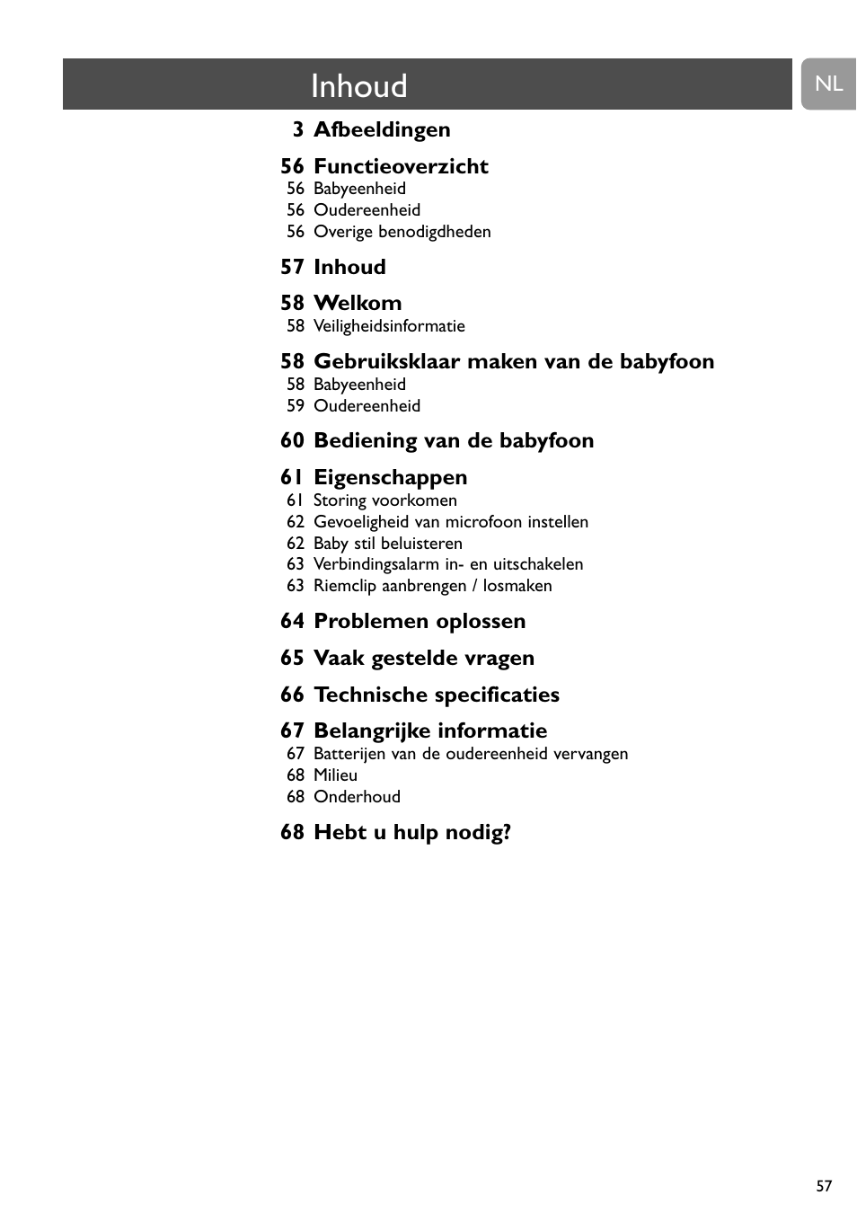 Inhoud | Philips SC468 User Manual | Page 57 / 173