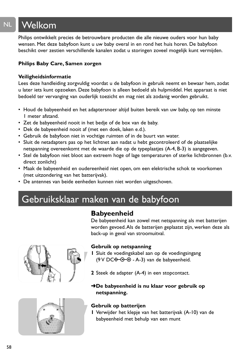 Welkom, Gebruiksklaar maken van de babyfoon, Babyeenheid | Philips SC468 User Manual | Page 58 / 173