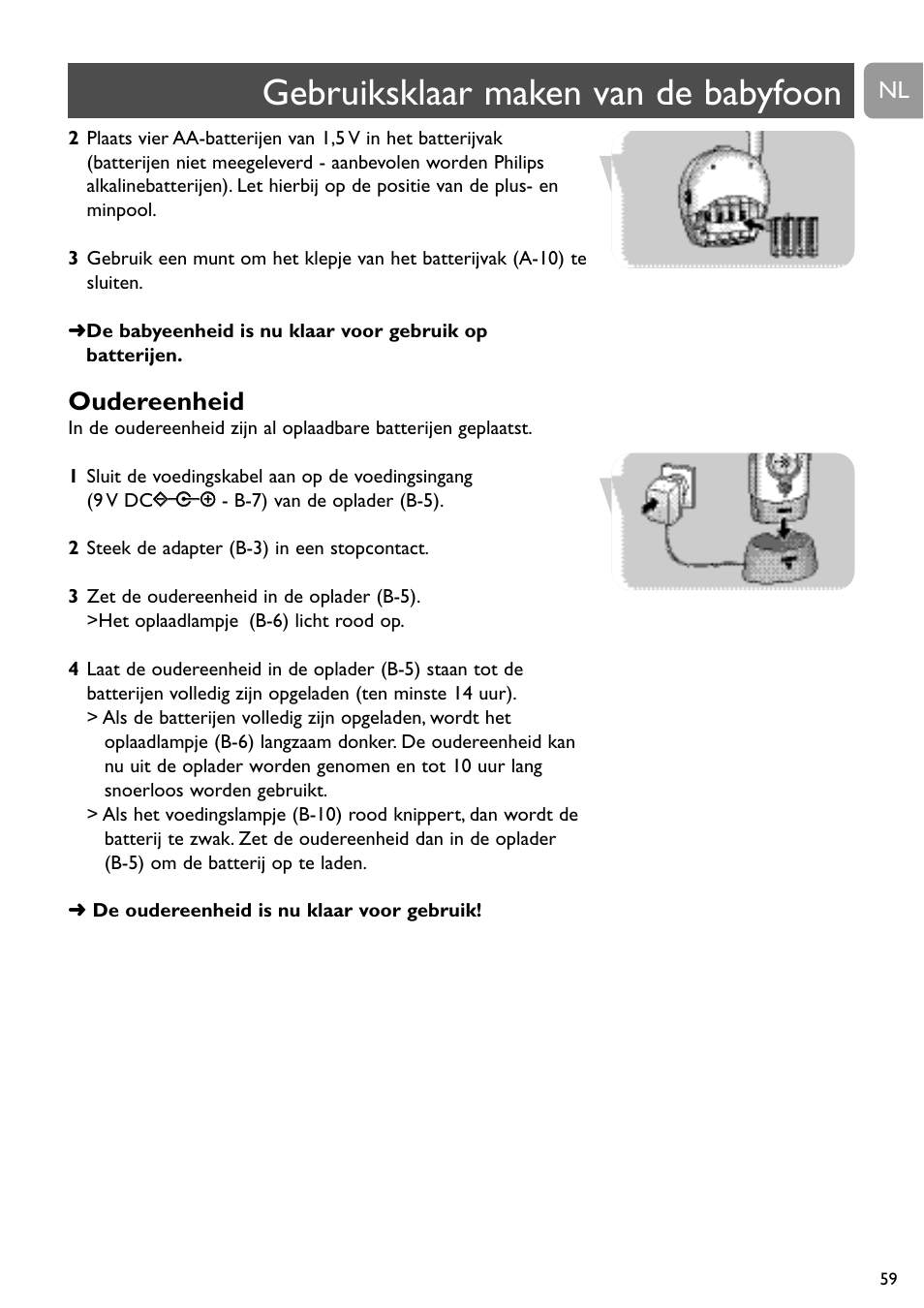 Gebruiksklaar maken van de babyfoon, Oudereenheid | Philips SC468 User Manual | Page 59 / 173