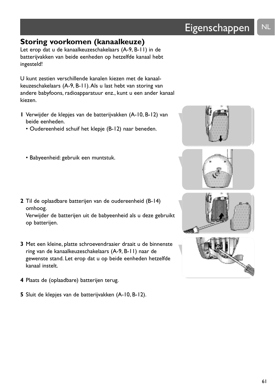 Eigenschappen, Storing voorkomen (kanaalkeuze) | Philips SC468 User Manual | Page 61 / 173