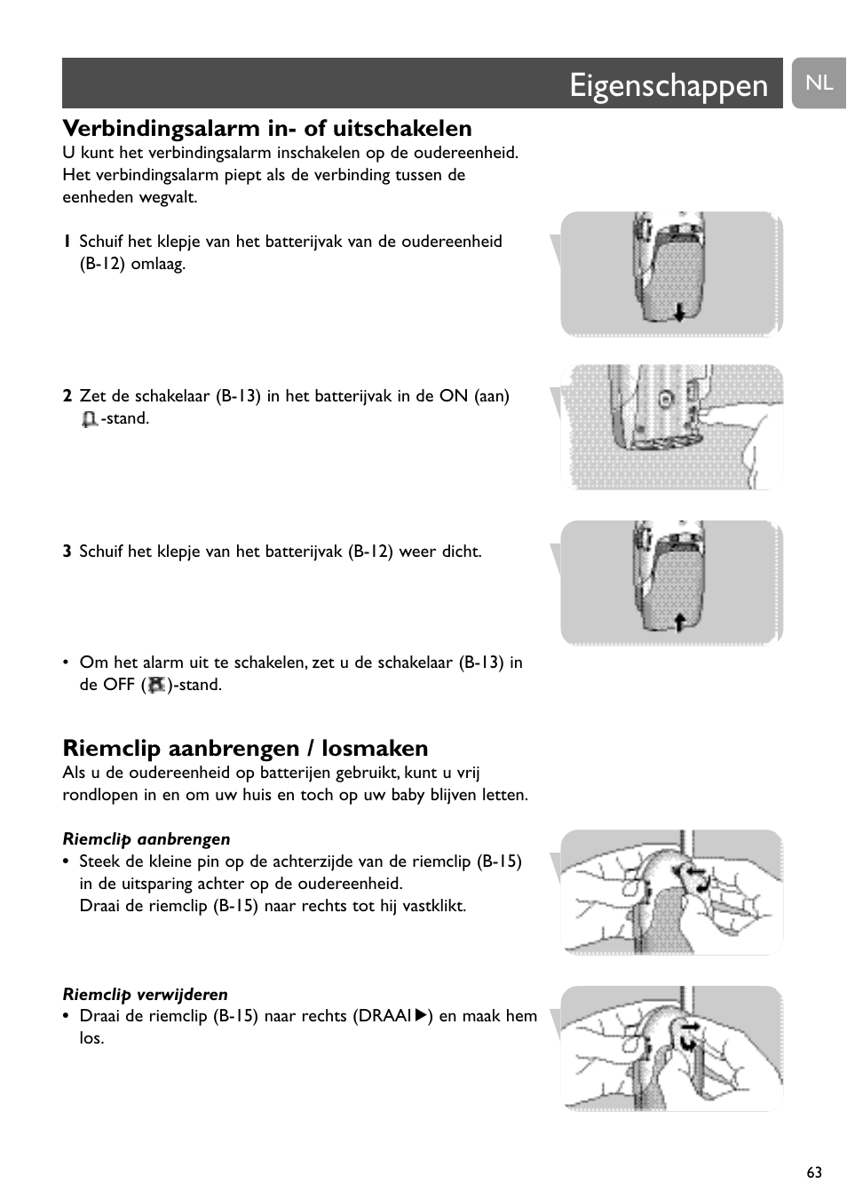 Eigenschappen, Verbindingsalarm in- of uitschakelen, Riemclip aanbrengen / losmaken | Philips SC468 User Manual | Page 63 / 173