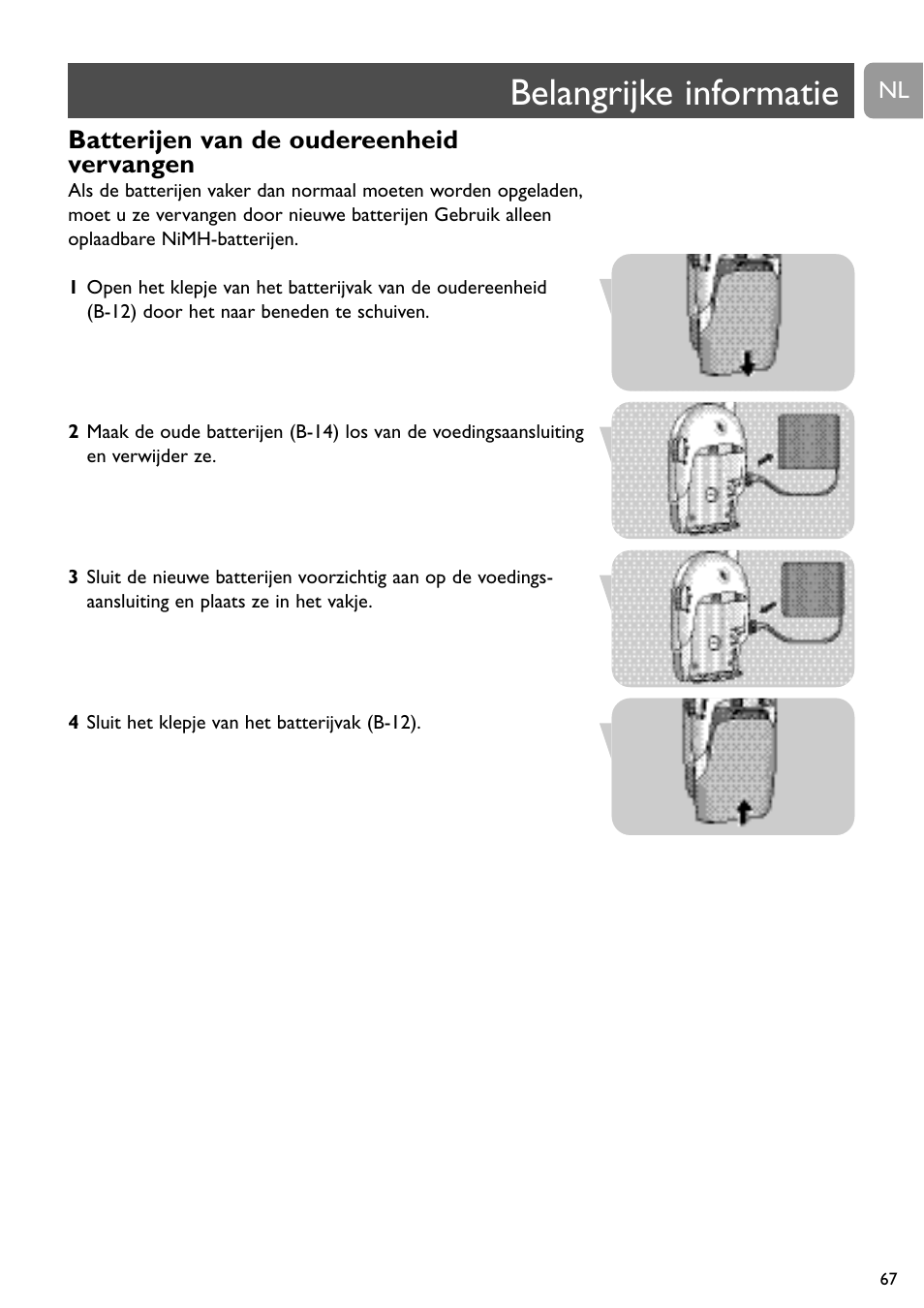 Belangrijke informatie, Batterijen van de oudereenheid vervangen | Philips SC468 User Manual | Page 67 / 173