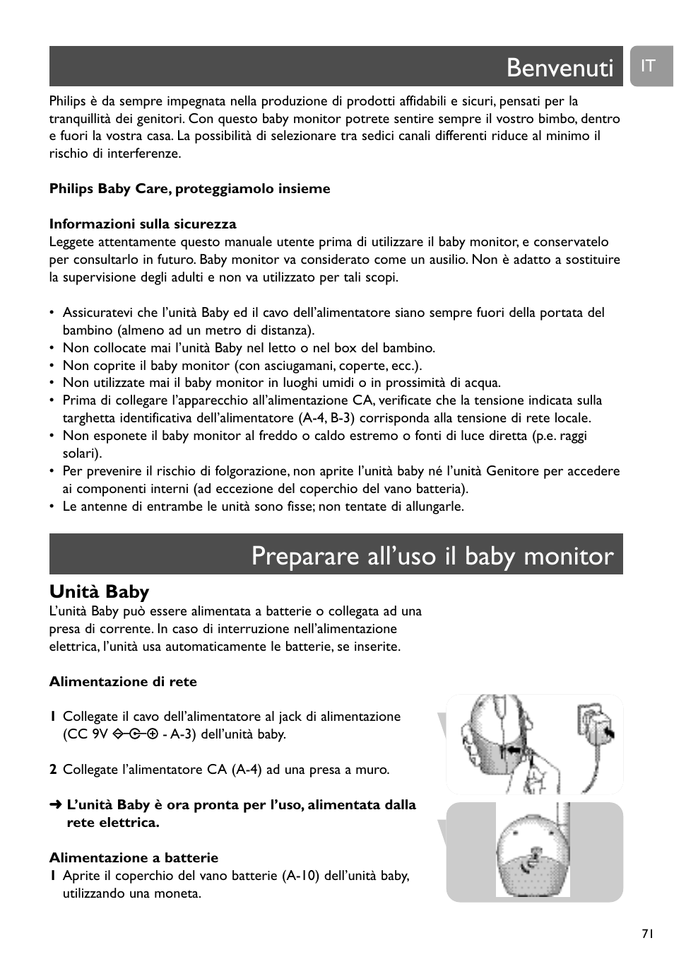 Benvenuti preparare all’uso il baby monitor, Unità baby | Philips SC468 User Manual | Page 71 / 173