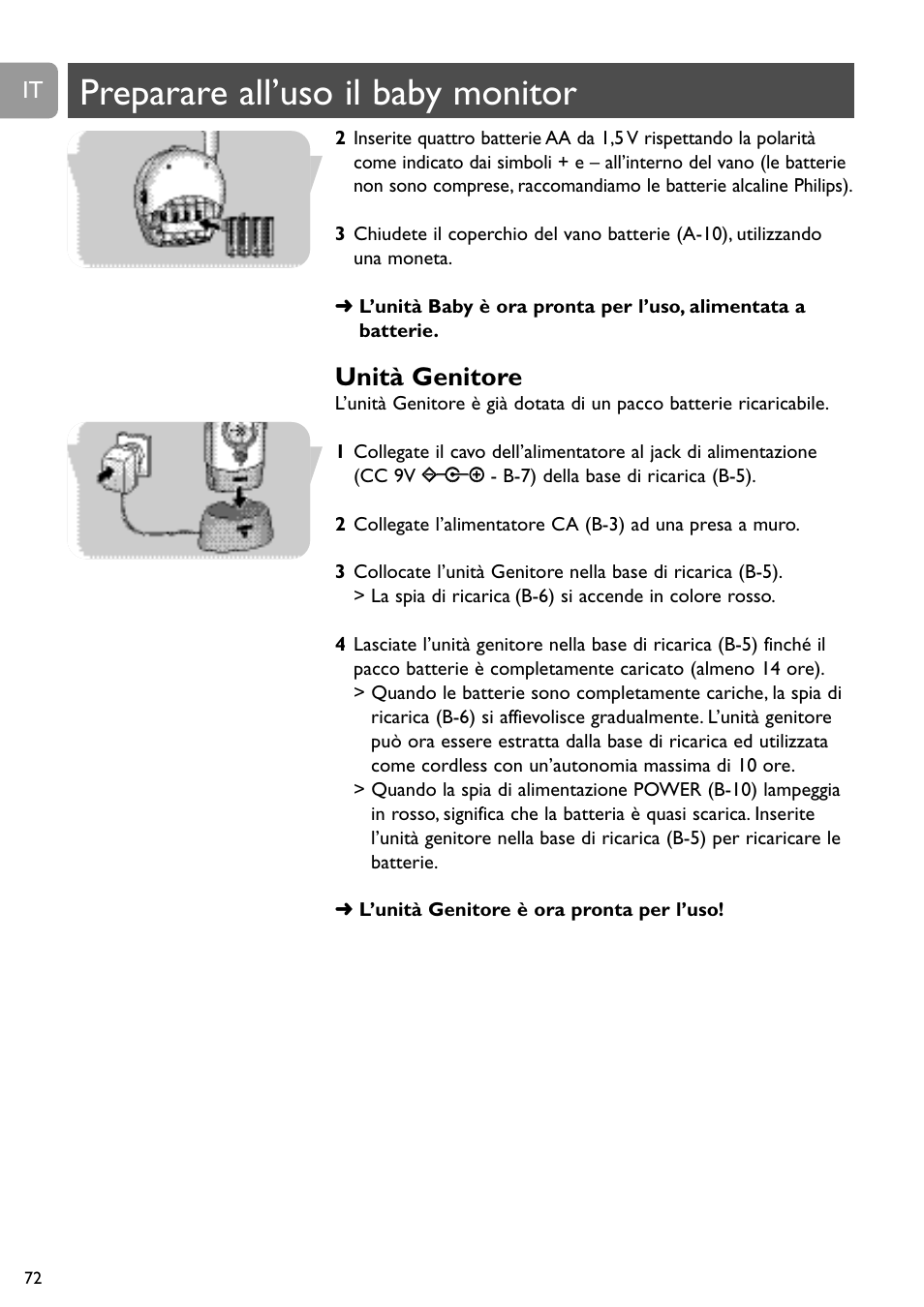 Preparare all’uso il baby monitor, Unità genitore | Philips SC468 User Manual | Page 72 / 173